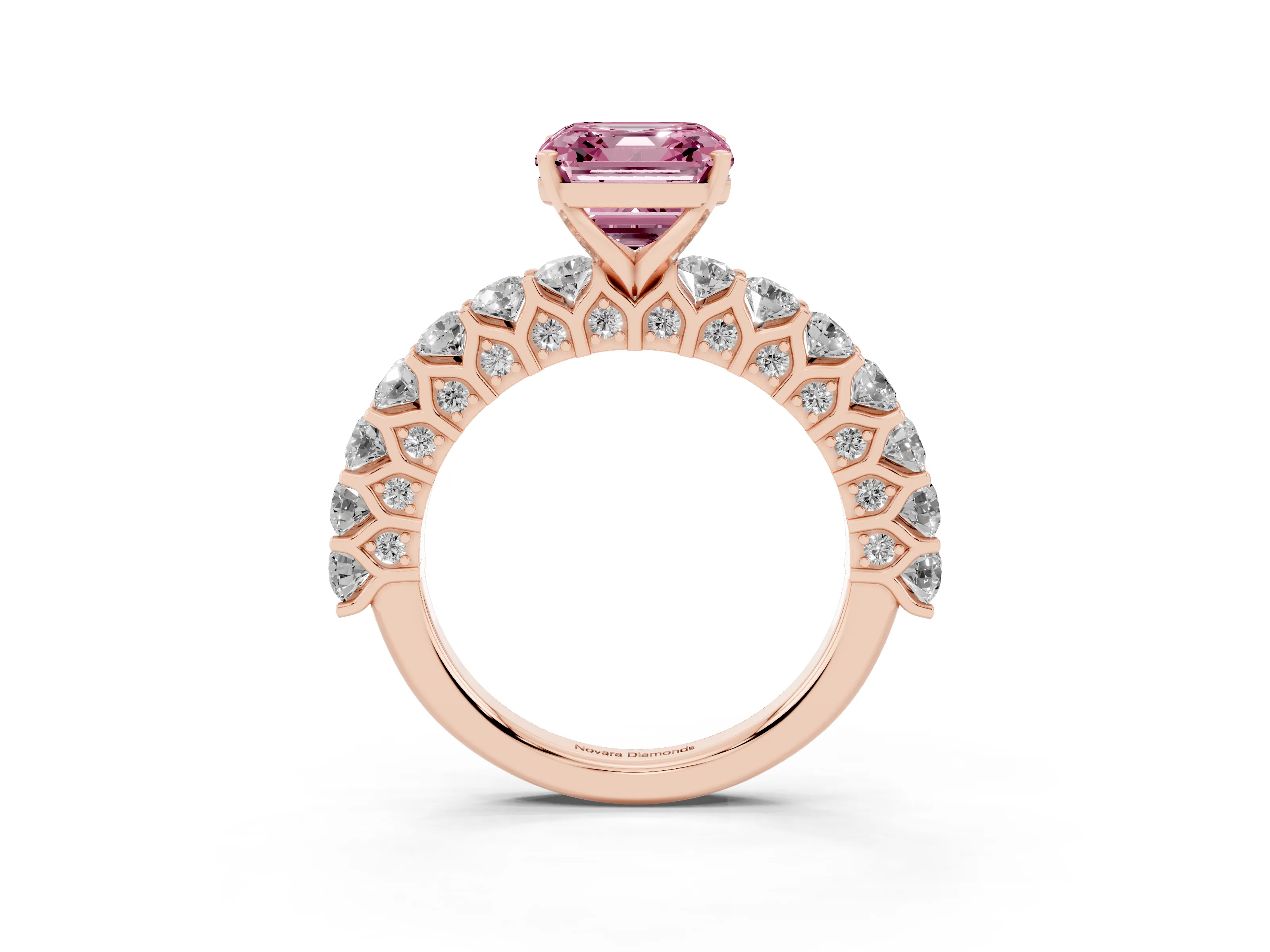 Fancy Pink Asscher Cut Diamond Solitaire Ring Set in Rose gold with Shared Prong Pavé Band