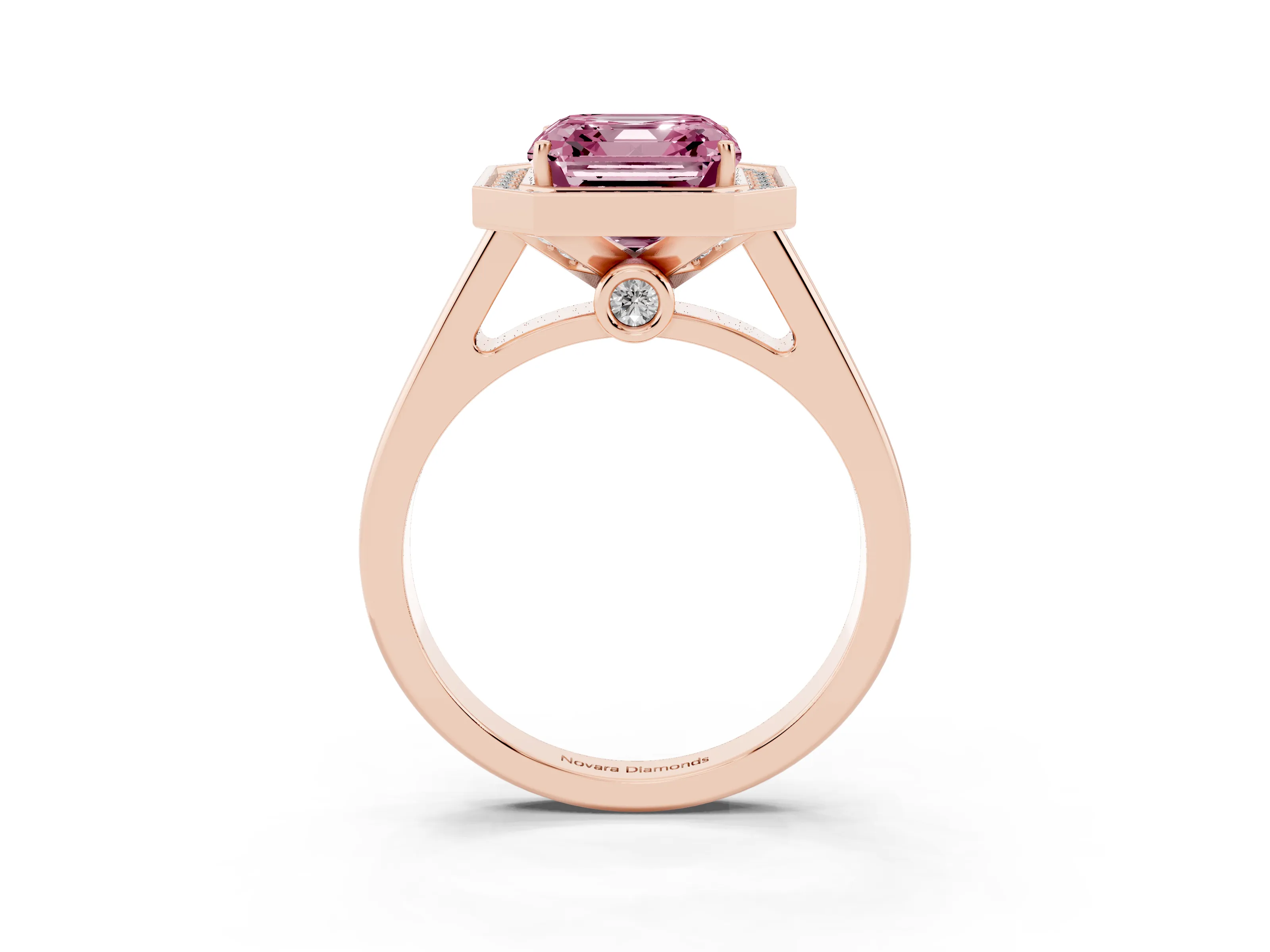 Fancy Pink Asscher Cut Diamond Halo Solitaire Ring Set in Rose gold with Pavé Band and Bezel Setting