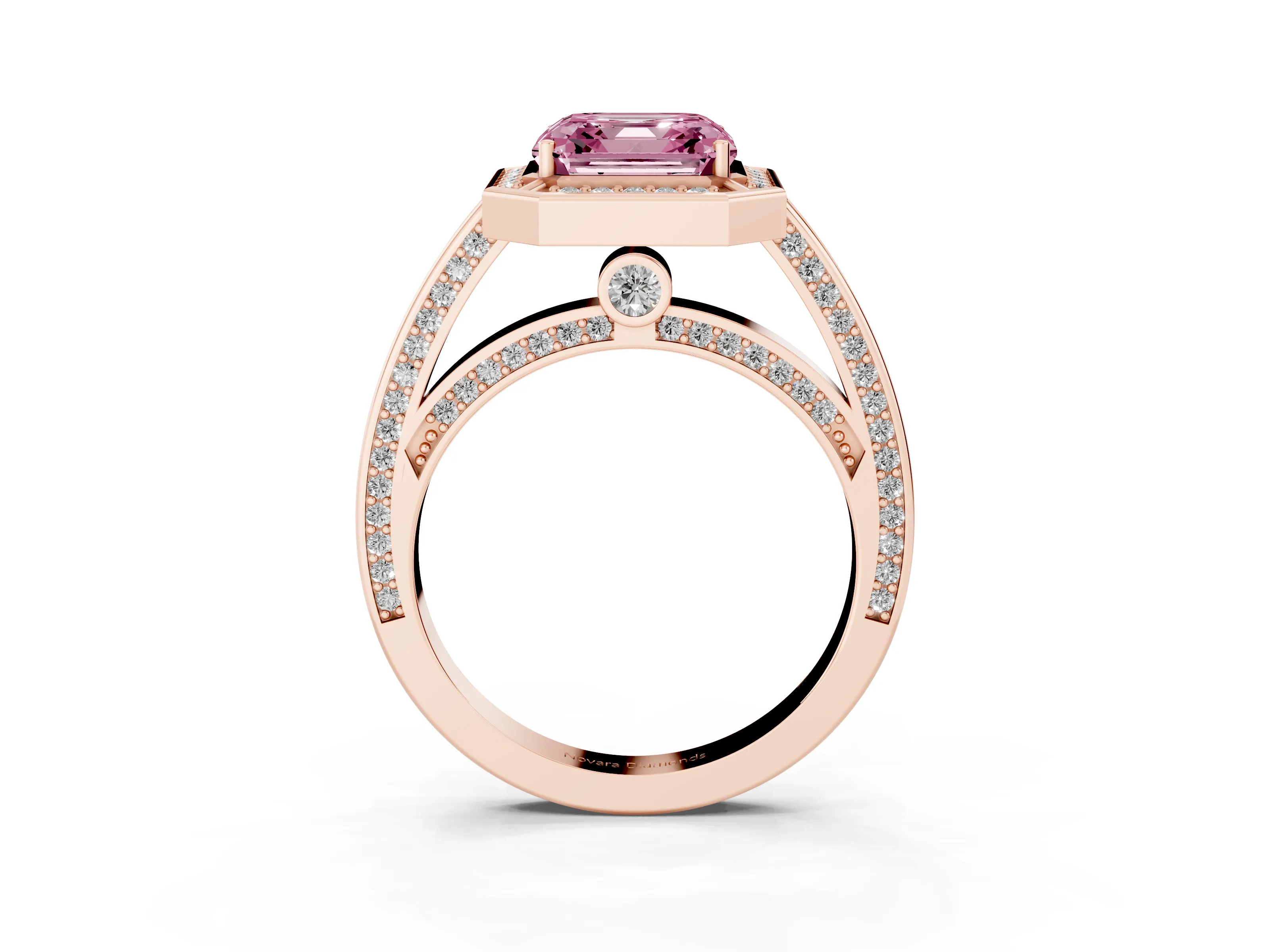 Fancy Pink Asscher Cut Diamond Halo Pavé Split Shank Ring Set in Rose gold with Prong Setting