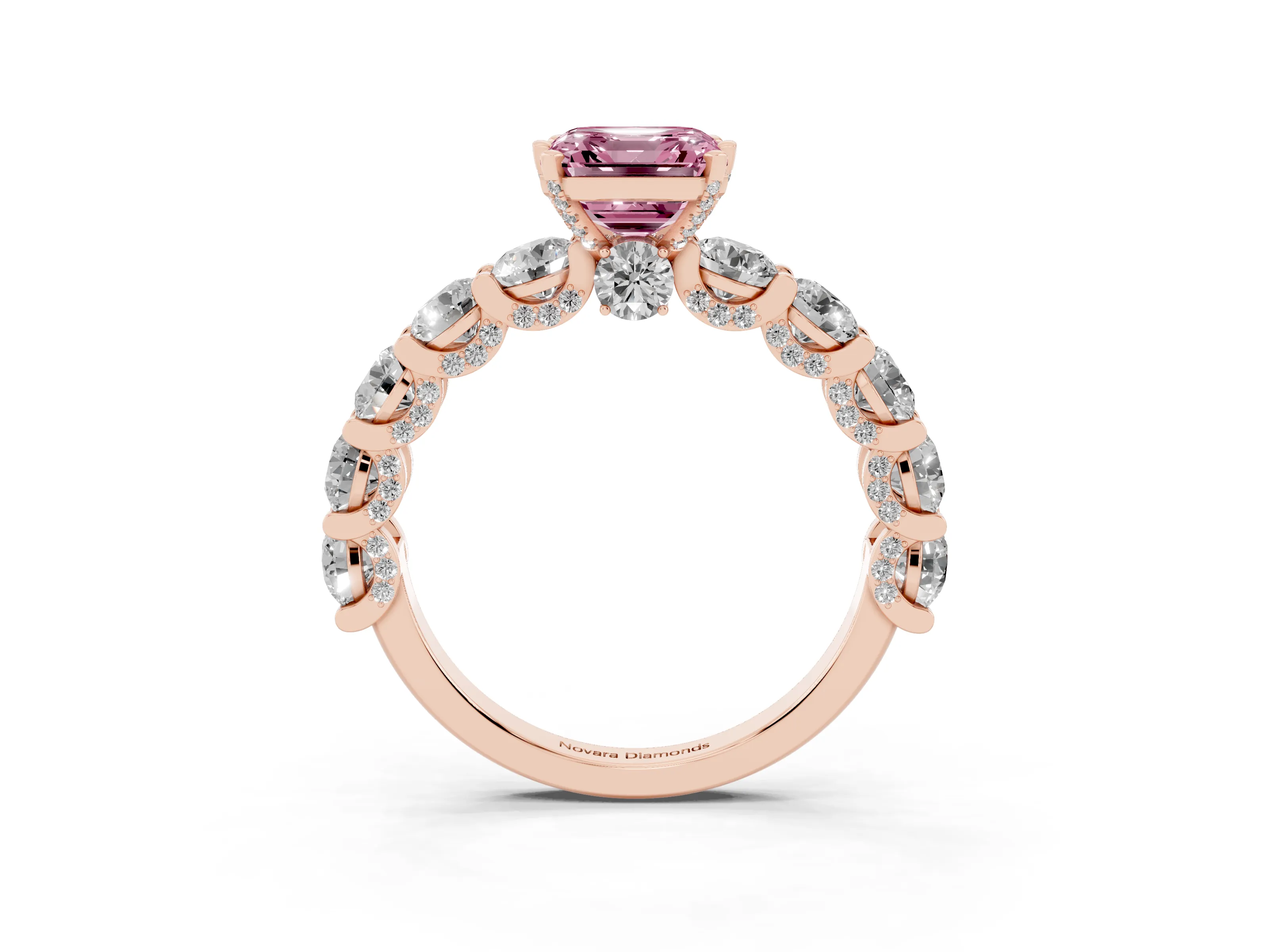 Fancy Pink Asscher Cut Diamond Side Stone Ring Set in Rose gold with Alternating Round and Oval Side Stones