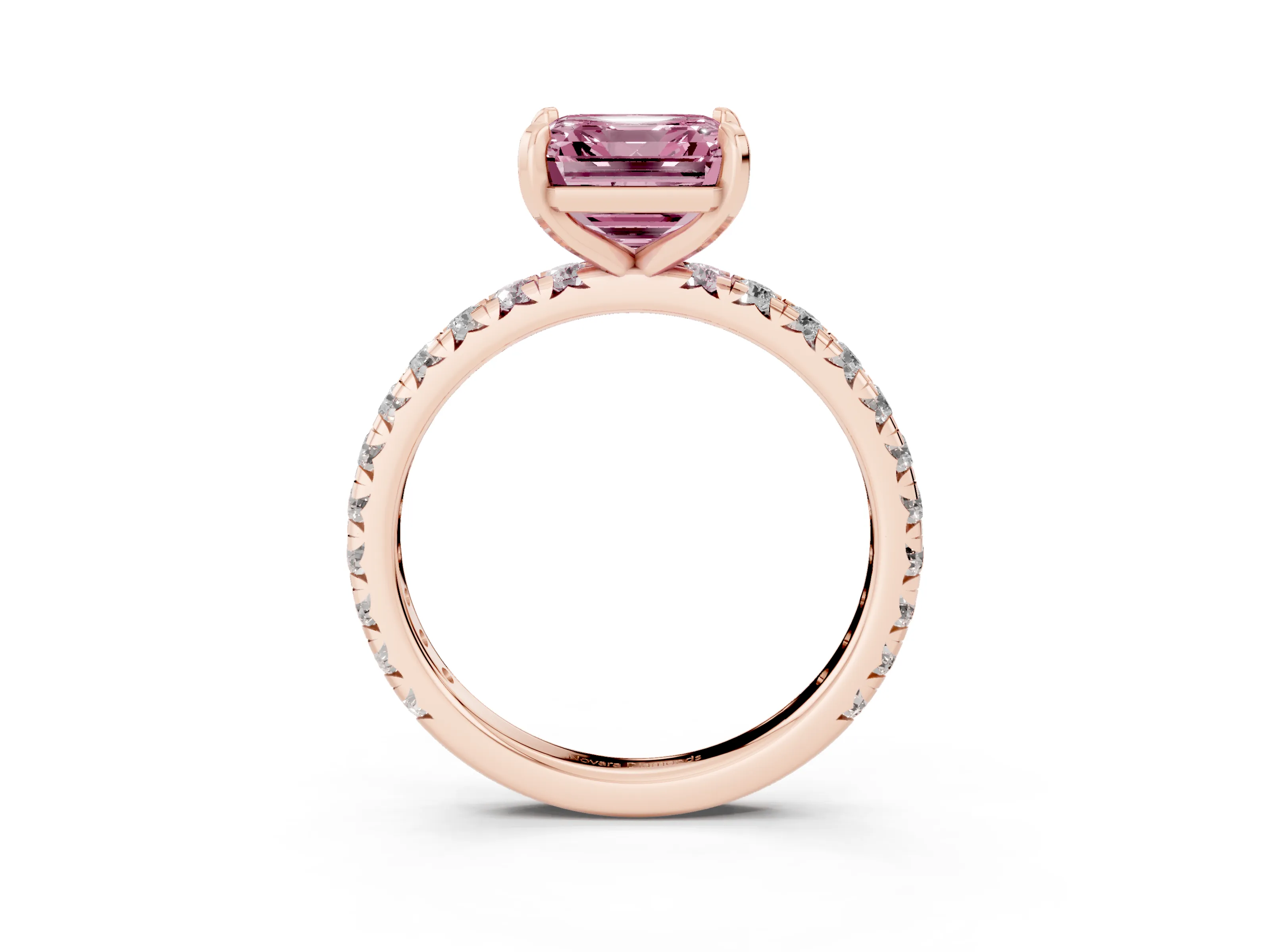 Fancy Pink Asscher Cut Diamond Pavé Solitaire Ring Set in Rose gold with Round Band and Prong Setting