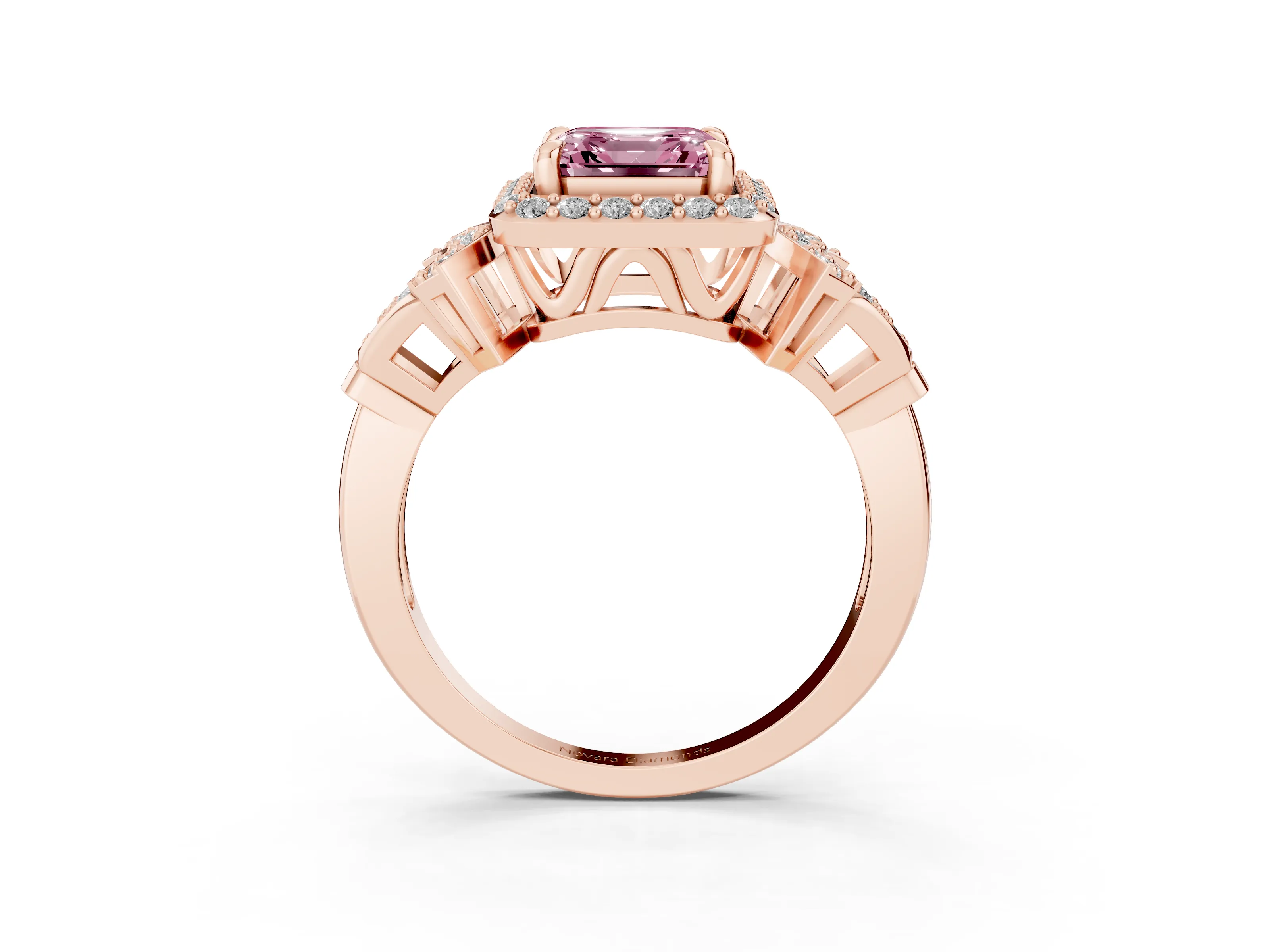 Fancy Pink Asscher Cut Diamond Halo Engagement Ring Set in Rose gold with Accent Stone Split Shank