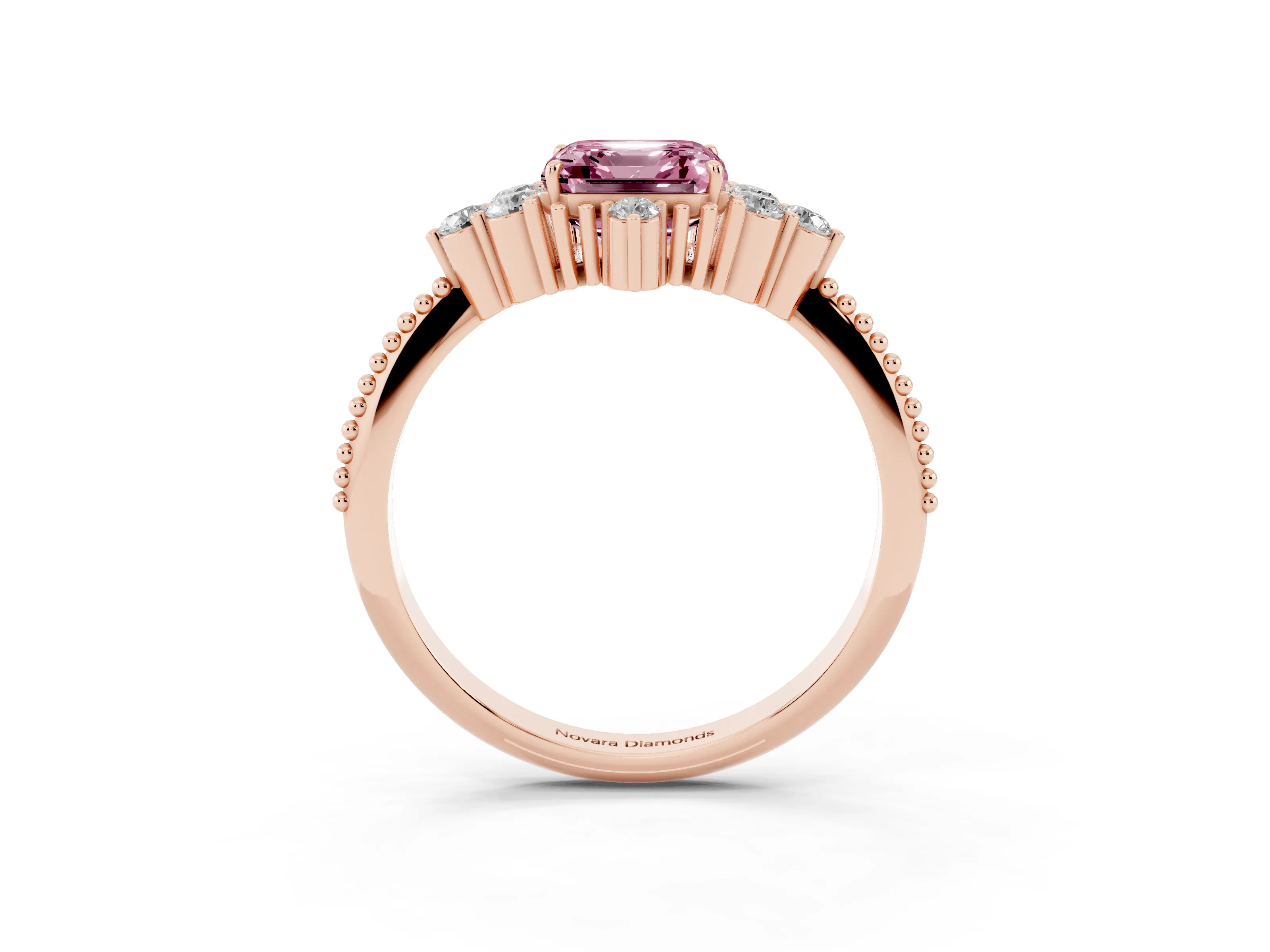 Fancy Pink Asscher Cut Diamond Cluster Ring Set in Rose gold with Beaded Band