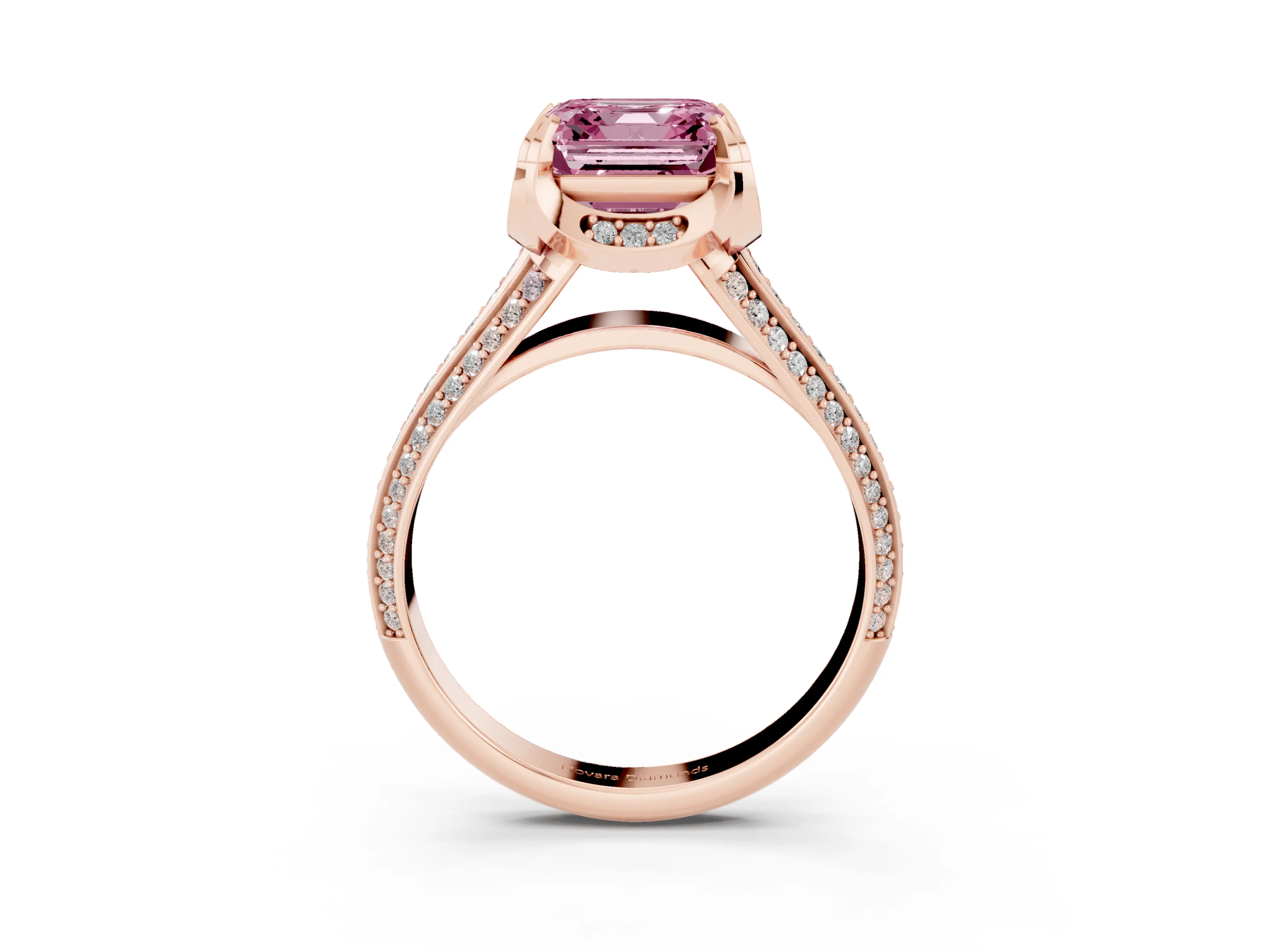 Fancy Pink Asscher Cut Diamond Pavé Split Shank Solitaire Ring Set in Rose gold with Prong Setting