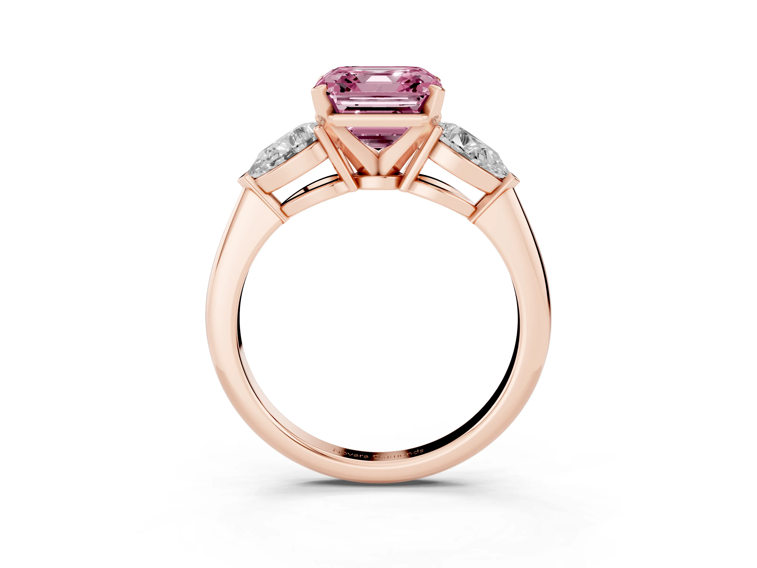 Fancy Pink Three-Stone Asscher Cut Diamond Ring Set in Rose gold with Pear Side Stones and Prong Setting