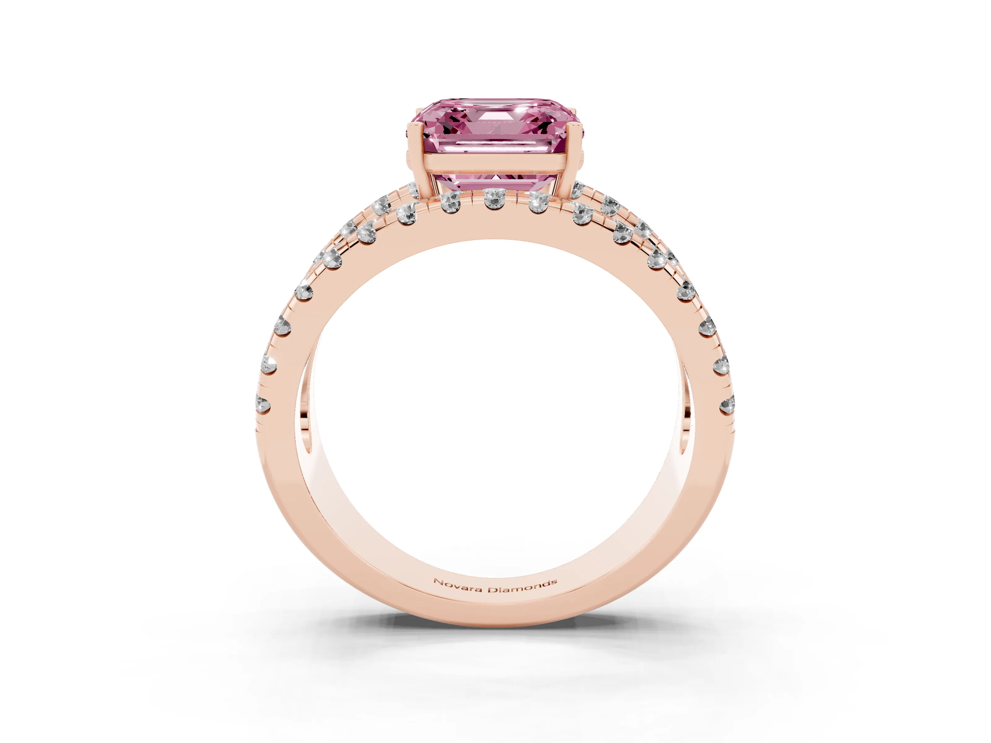 Fancy Pink Asscher Cut Diamond Split Shank Pavé Solitaire Ring Set in Rose gold with Open Shank Design