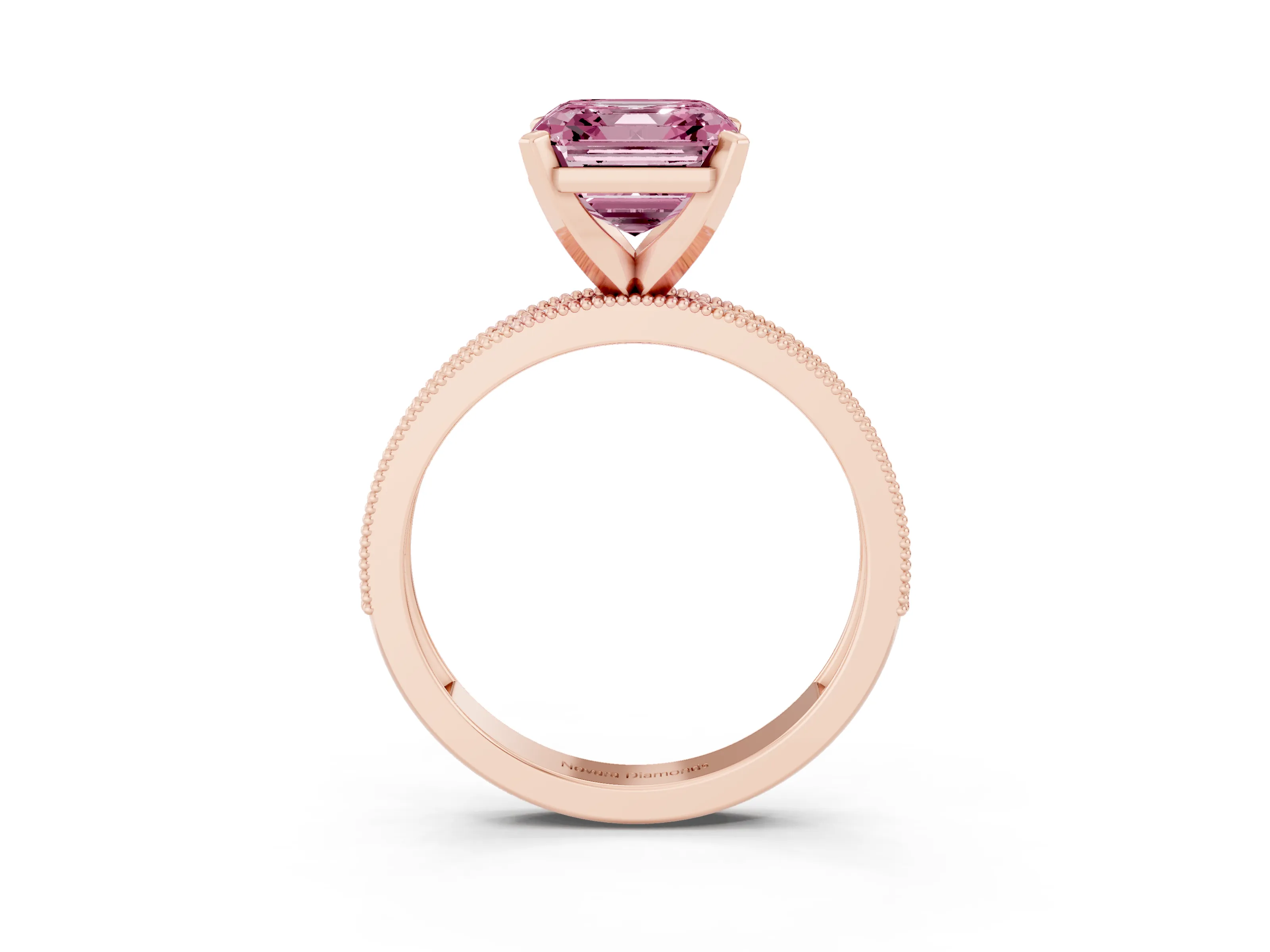 Fancy Pink Asscher Cut Diamond Milgrain Pavé Engagement Ring Set in Rose gold with Prong Setting