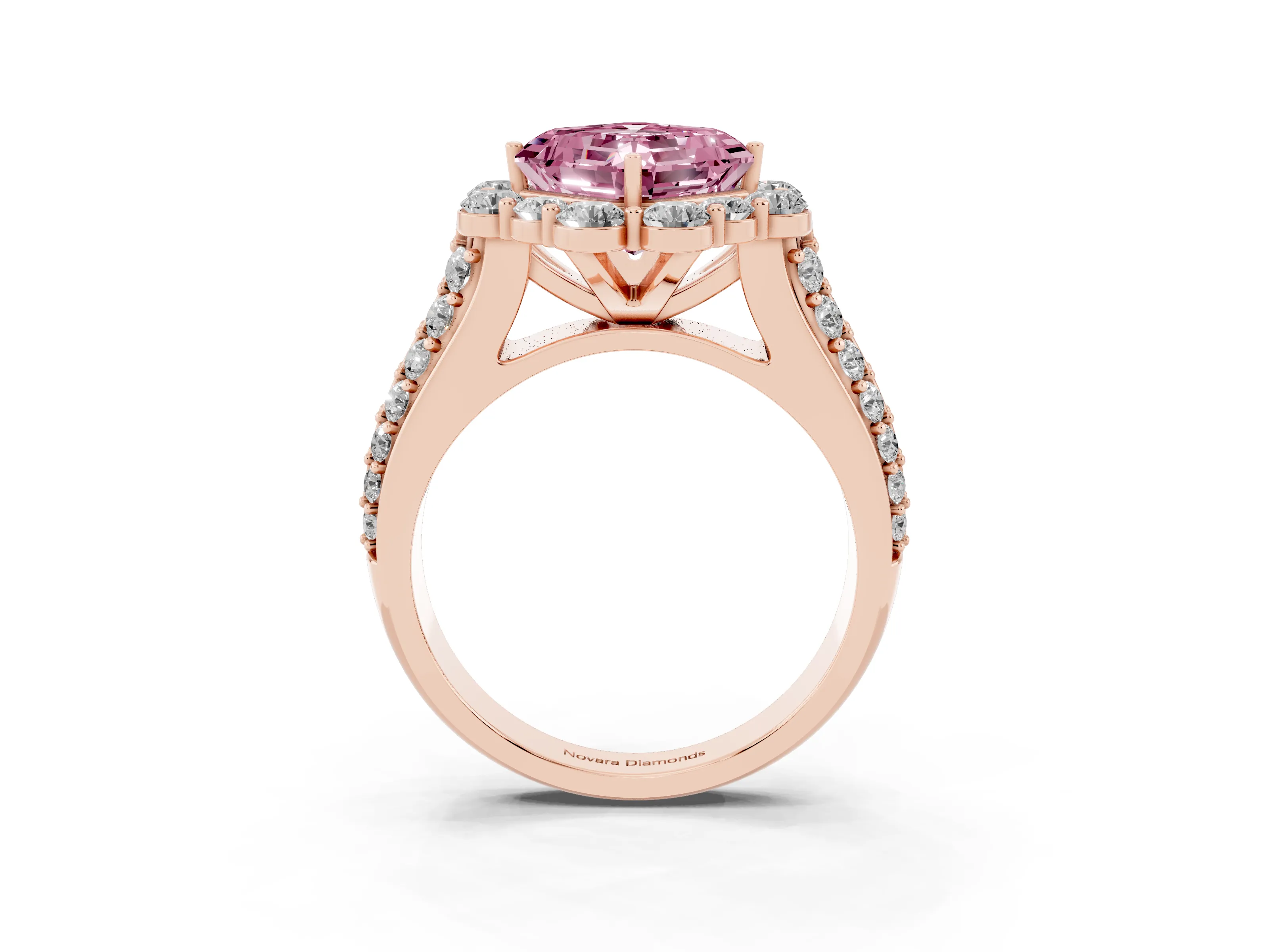 Fancy Pink Asscher Cut Diamond Halo Engagement Ring Set in Rose gold with Split Shank and Prong Setting