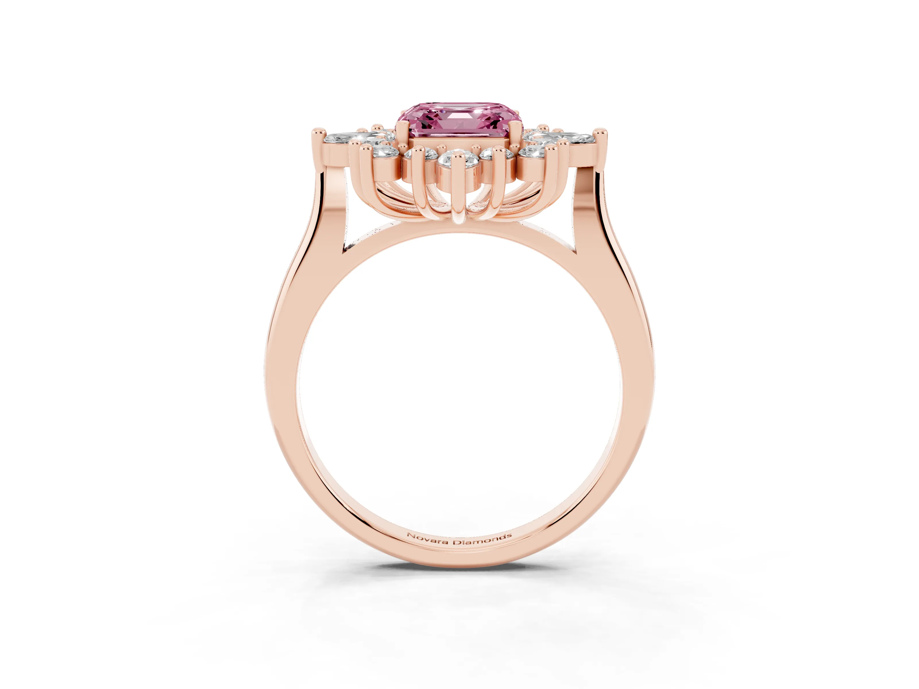 Fancy Pink Asscher Cut Diamond Cluster Halo Ring Set in Rose gold with Marquise and Round Accents