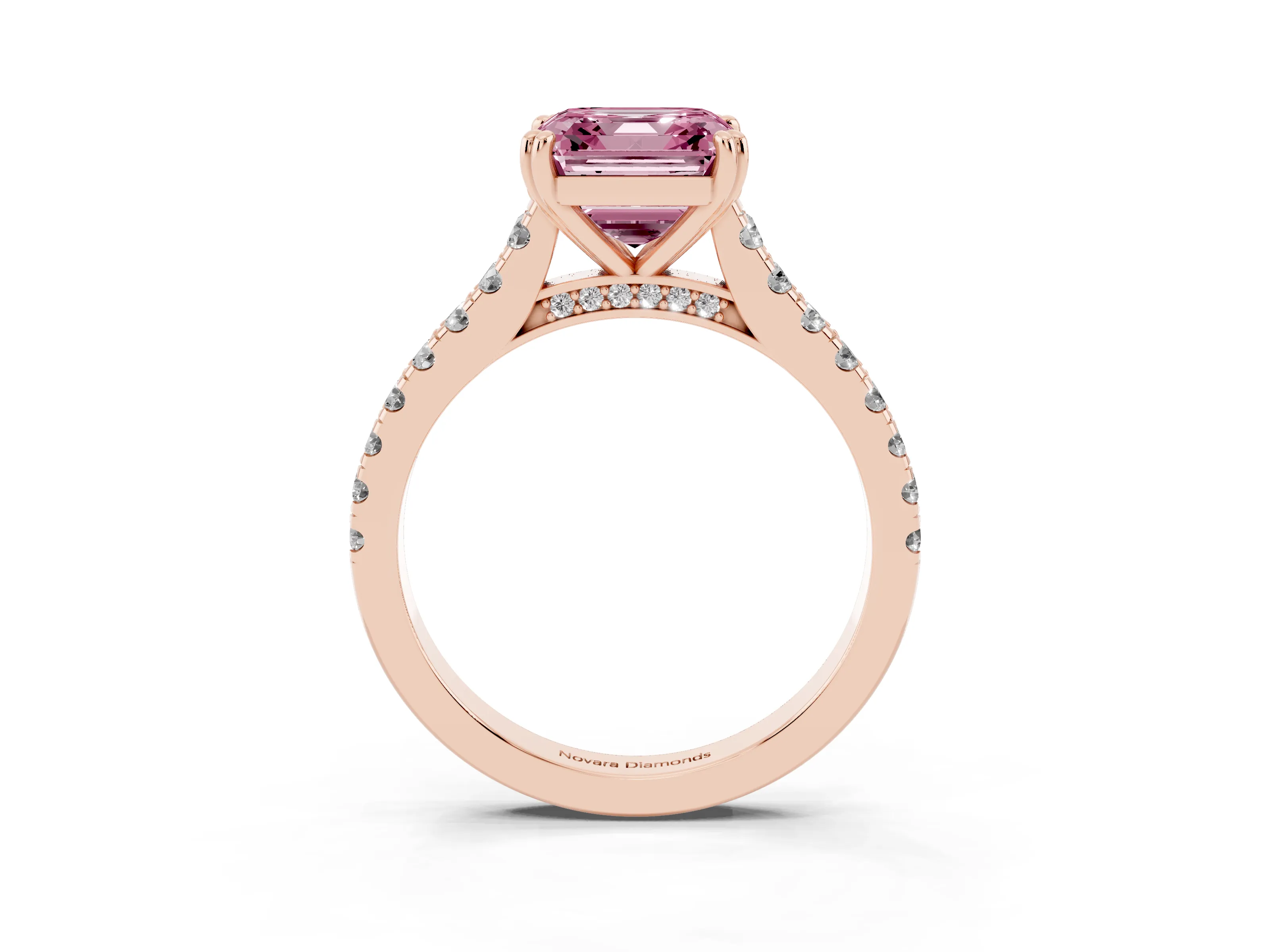 Fancy Pink Asscher Cut Diamond Solitaire Engagement Ring Set in Rose gold with Pavé Accents and Prong Setting