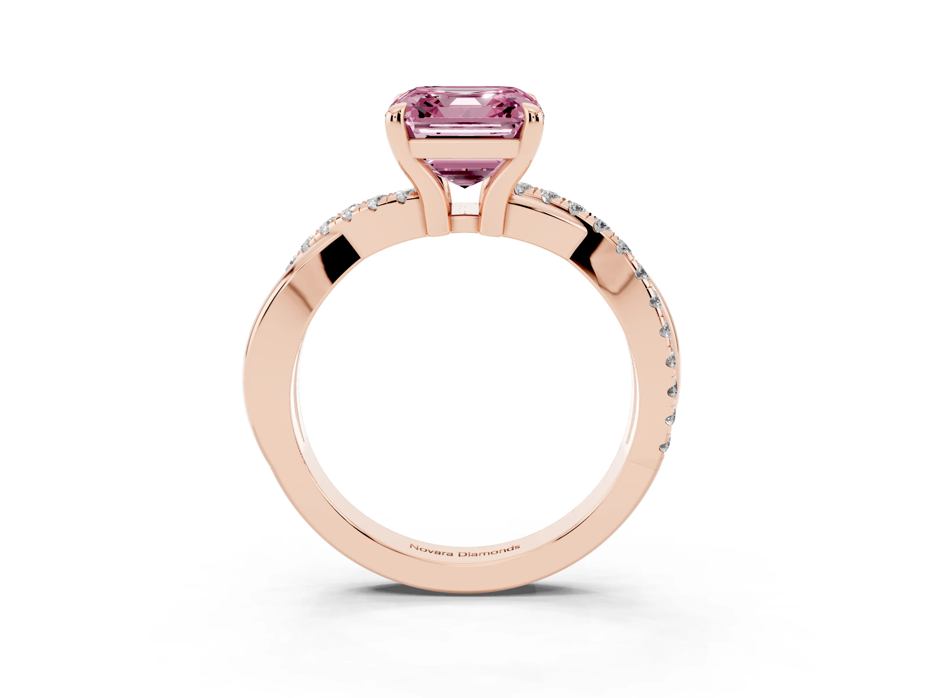 Fancy Pink Asscher Cut Diamond Twist Band Pavé Solitaire Ring Set in Rose gold with Prong Setting