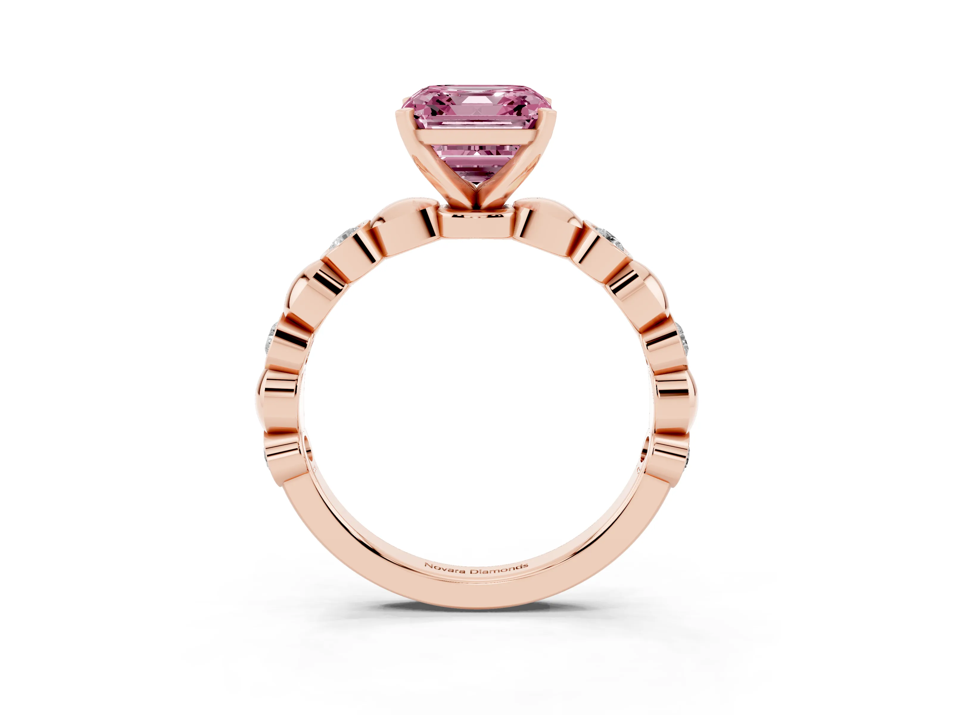 Fancy Pink Asscher Cut Diamond Solitaire Ring Set in Rose gold with Bezel-Set Accents on Beaded Band and Prong Setting