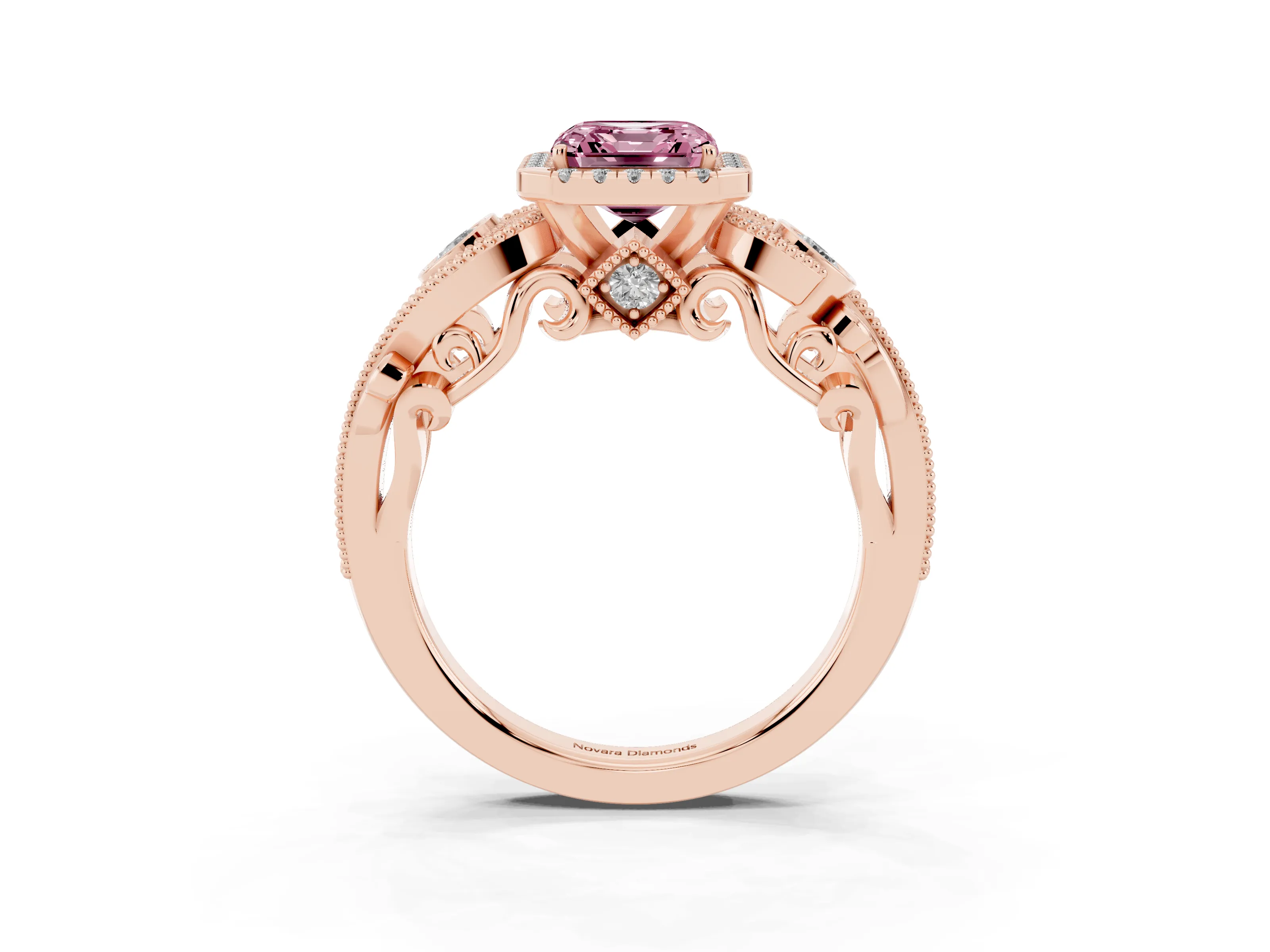 Fancy Pink Asscher Cut Diamond Halo Ring Set in Rose gold with Milgrain Pavé Band and Prong Setting