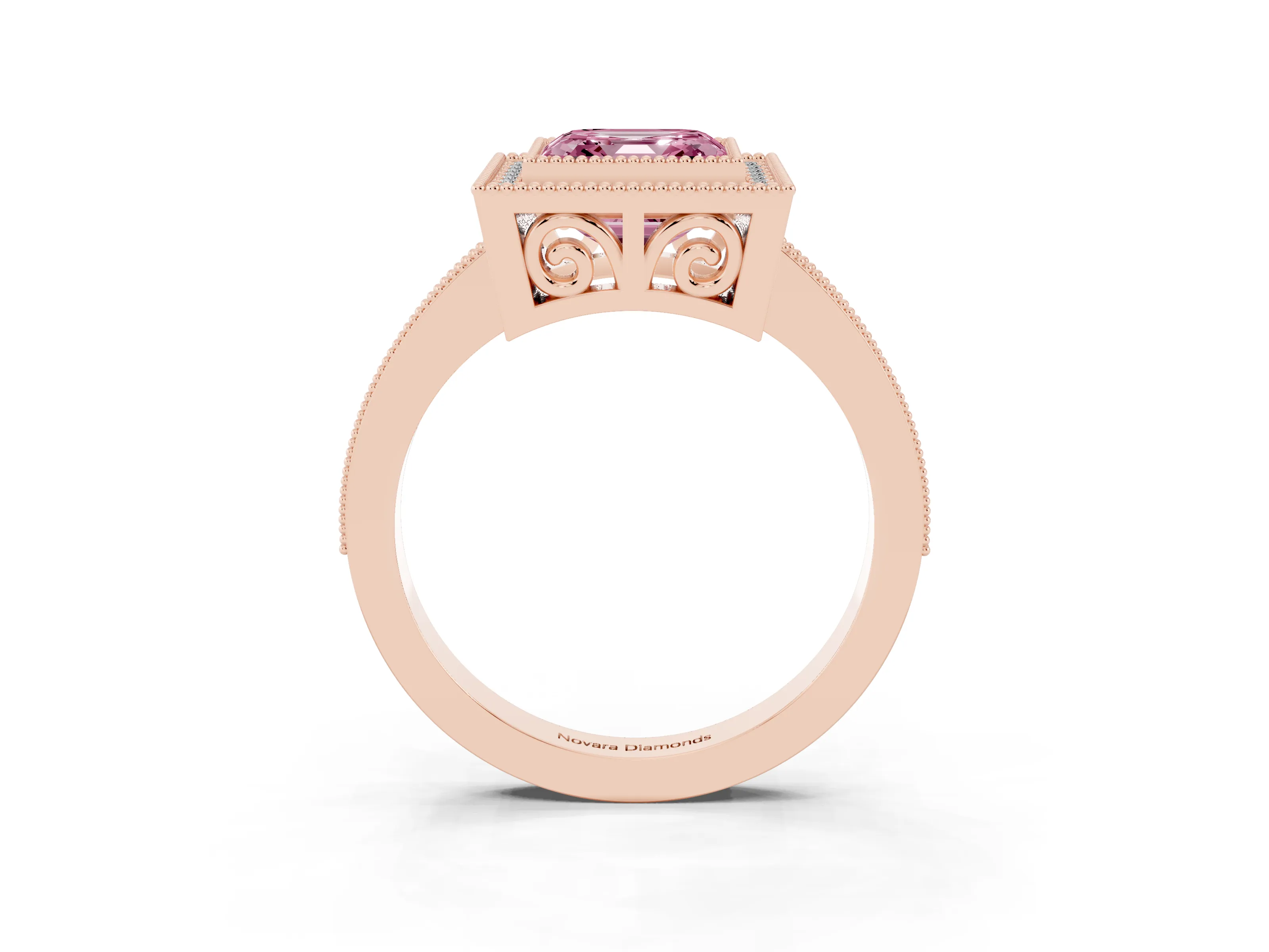 Fancy Pink Asscher Cut Diamond Round Halo Ring Set in Rose gold with Pavé Band