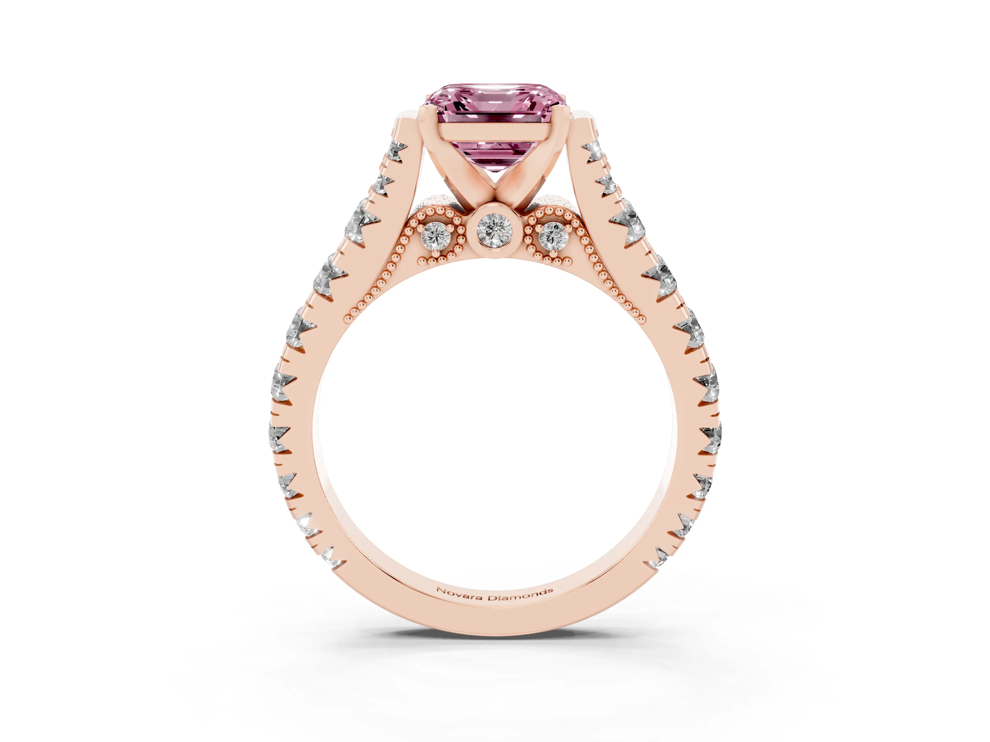 Fancy Pink Asscher Cut Diamond Classic Solitaire Ring Set in Rose gold with Pavé Band and Prong Setting