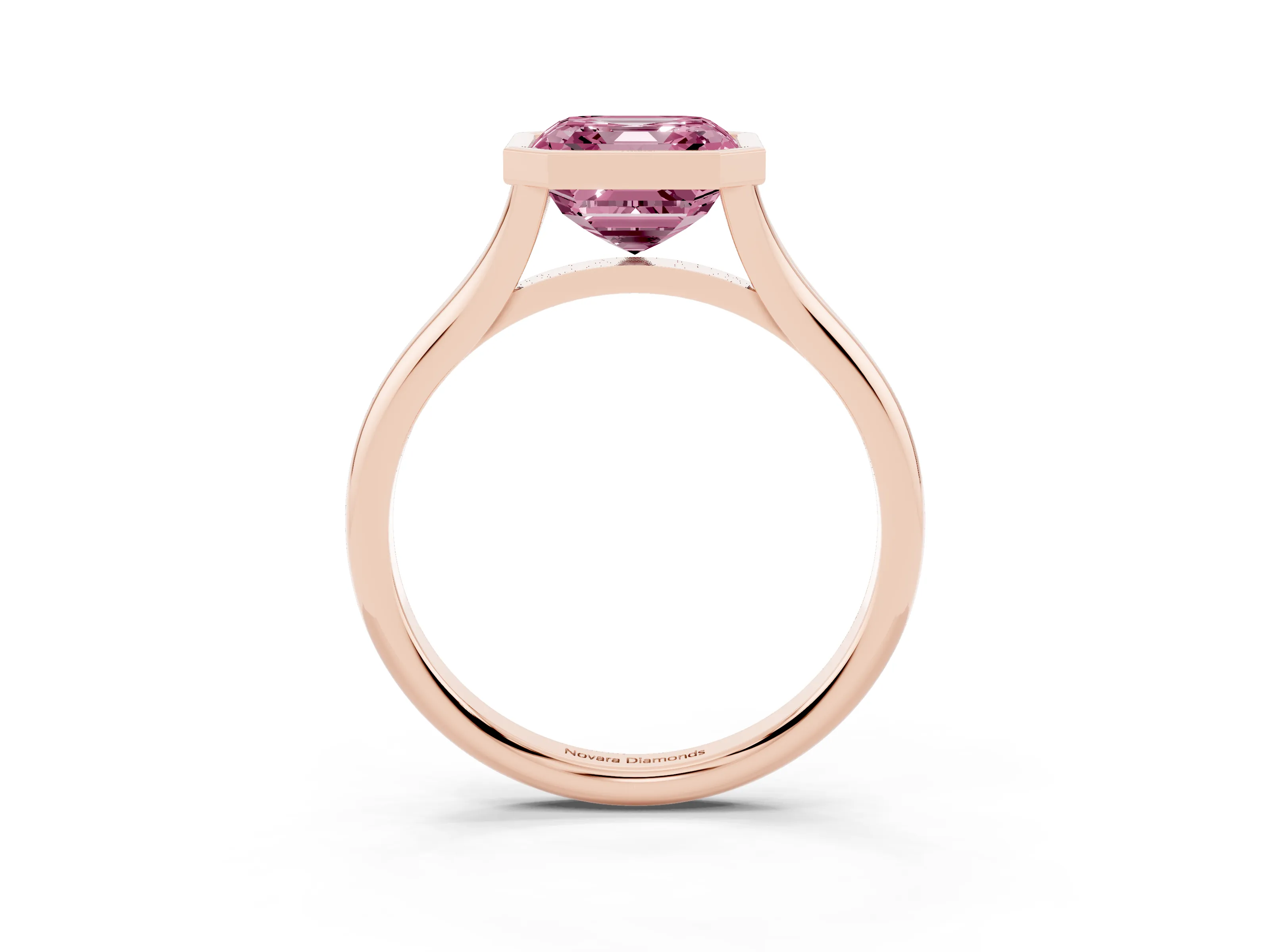 Fancy Pink Bezel Set Asscher Cut Diamond Solitaire Ring Set in Rose gold with Tapered Band