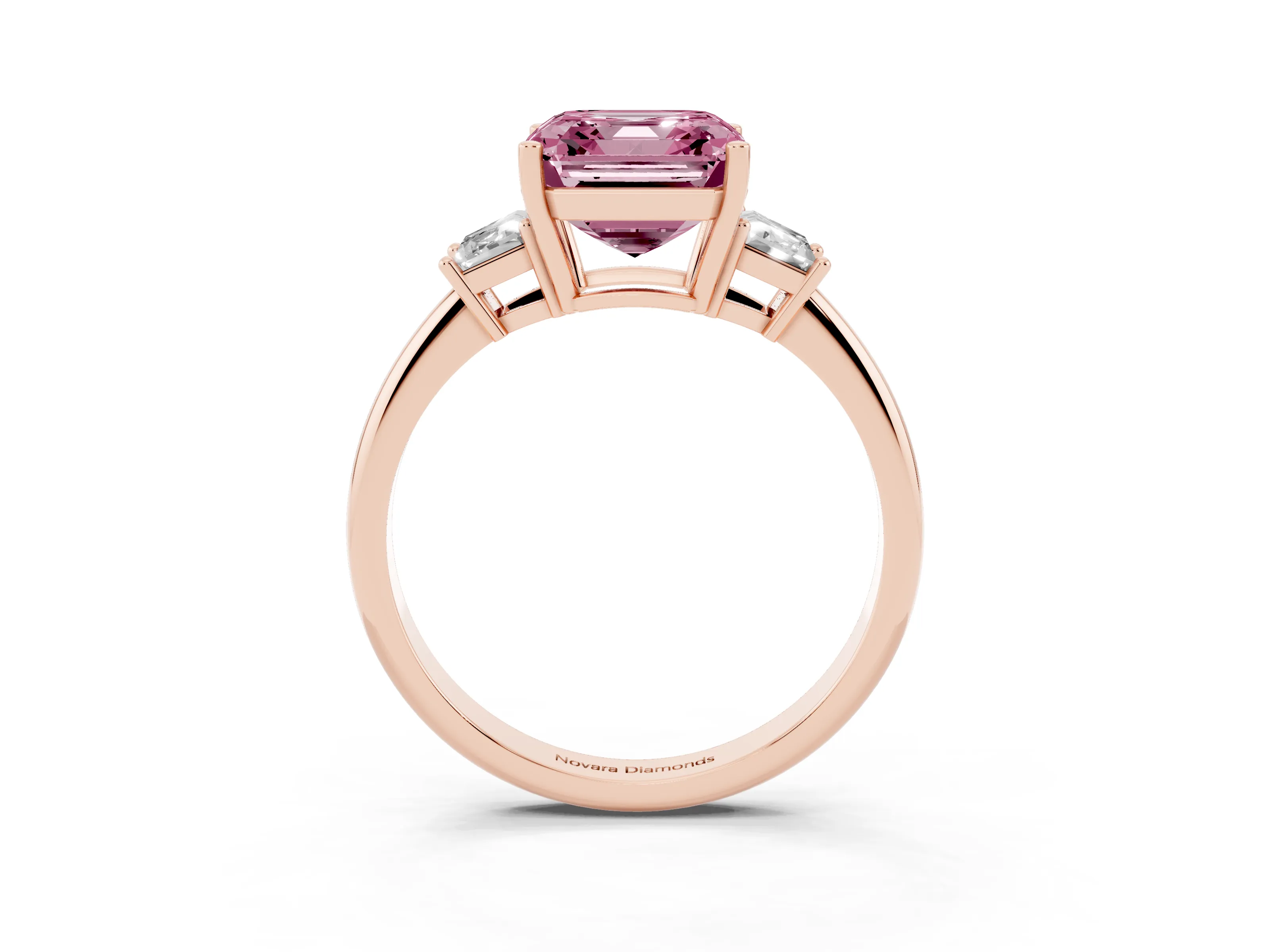 Fancy Pink Asscher Cut Diamond Three-Stone Ring Set in Rose gold with Trapezoid Side Stones and Prong Setting