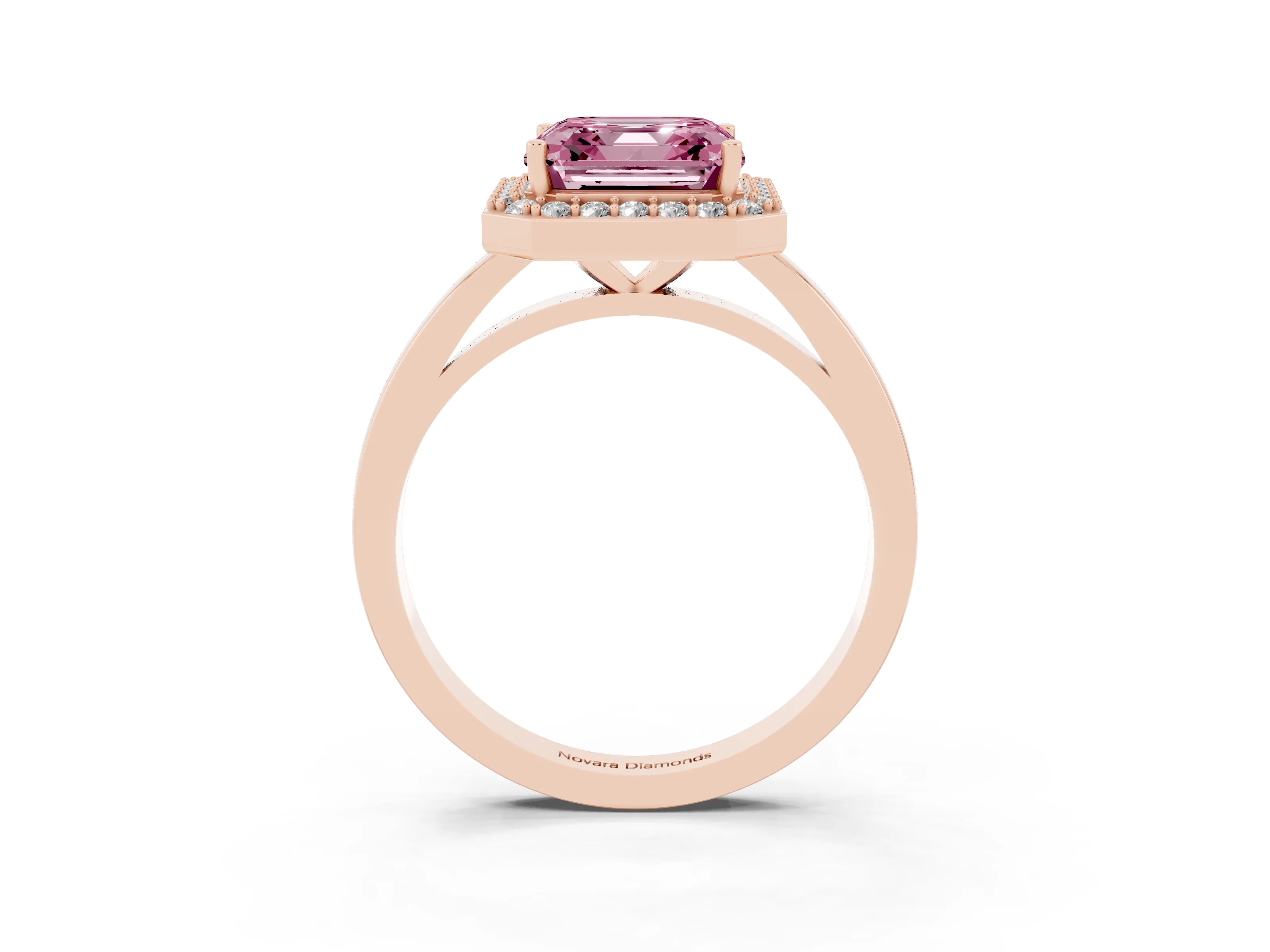 Fancy Pink Asscher Cut Diamond Halo Ring Set in Rose gold with Solitaire Band and Prong Setting