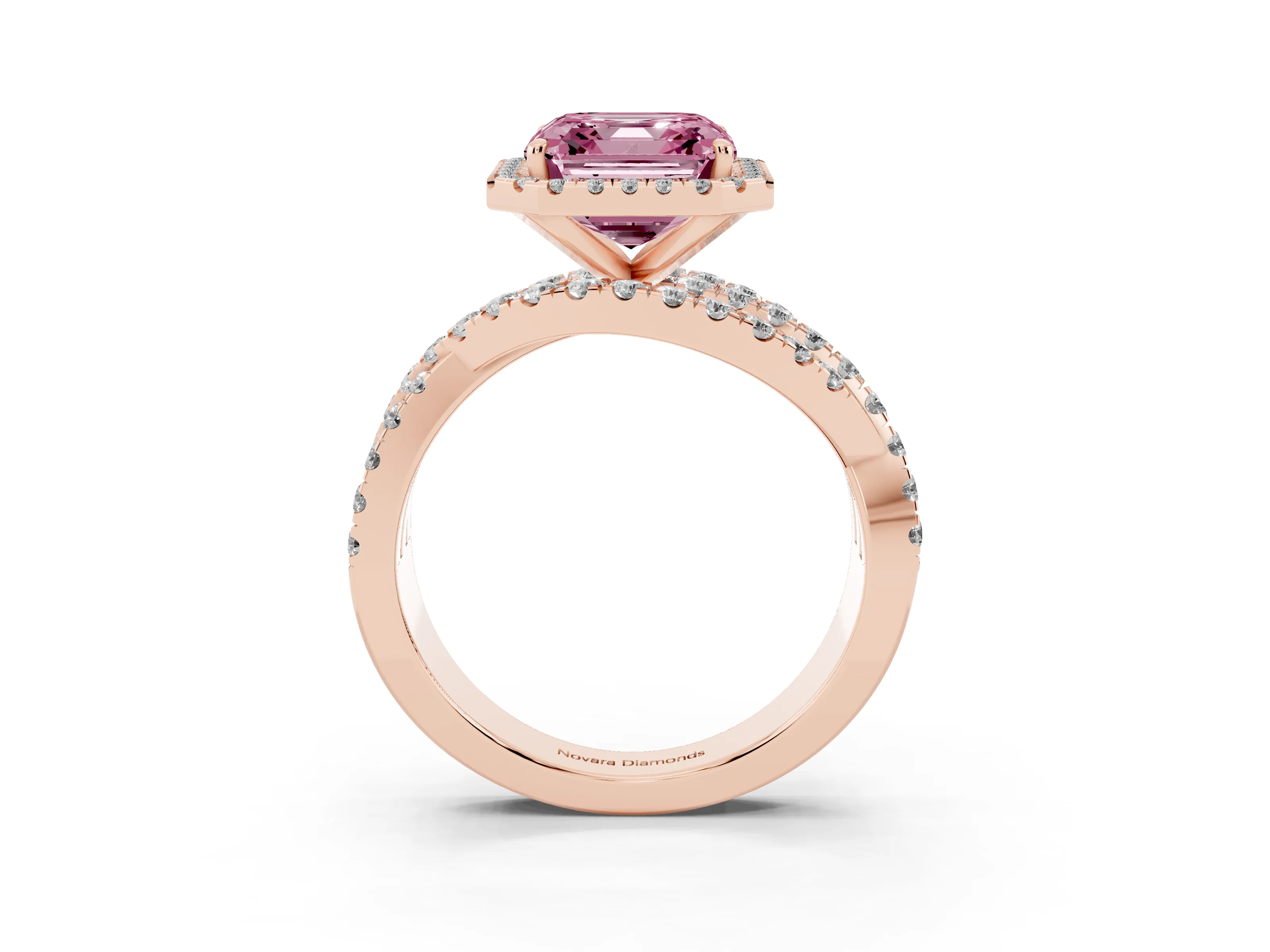 Fancy Pink Asscher Cut Diamond Halo Ring Set in Rose gold with Round Crossover Split Shank and Prong Setting