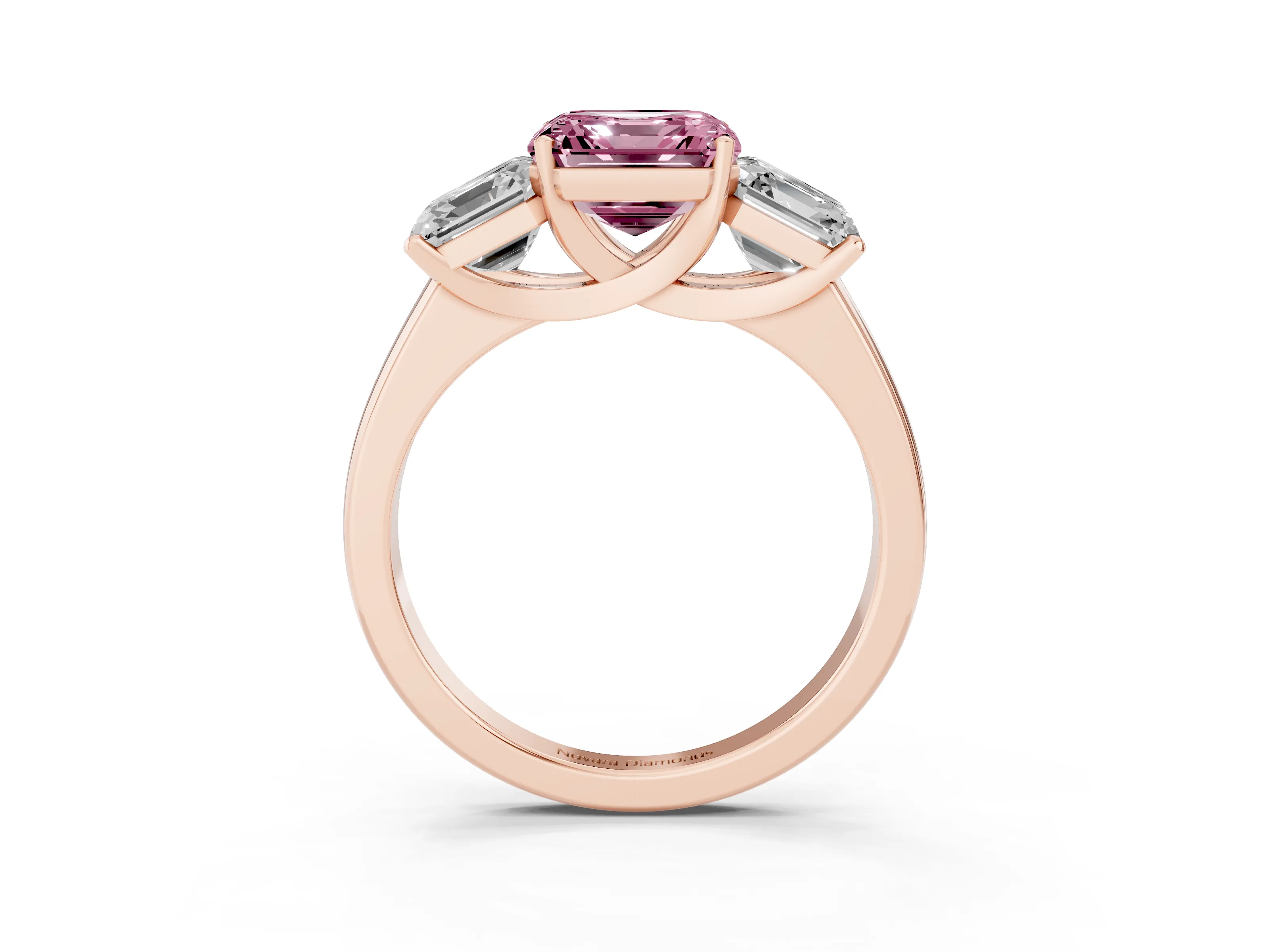 Fancy Pink Asscher Cut Diamond Three-Stone Ring Set in Rose gold with Classic Prong Setting and Plain Band