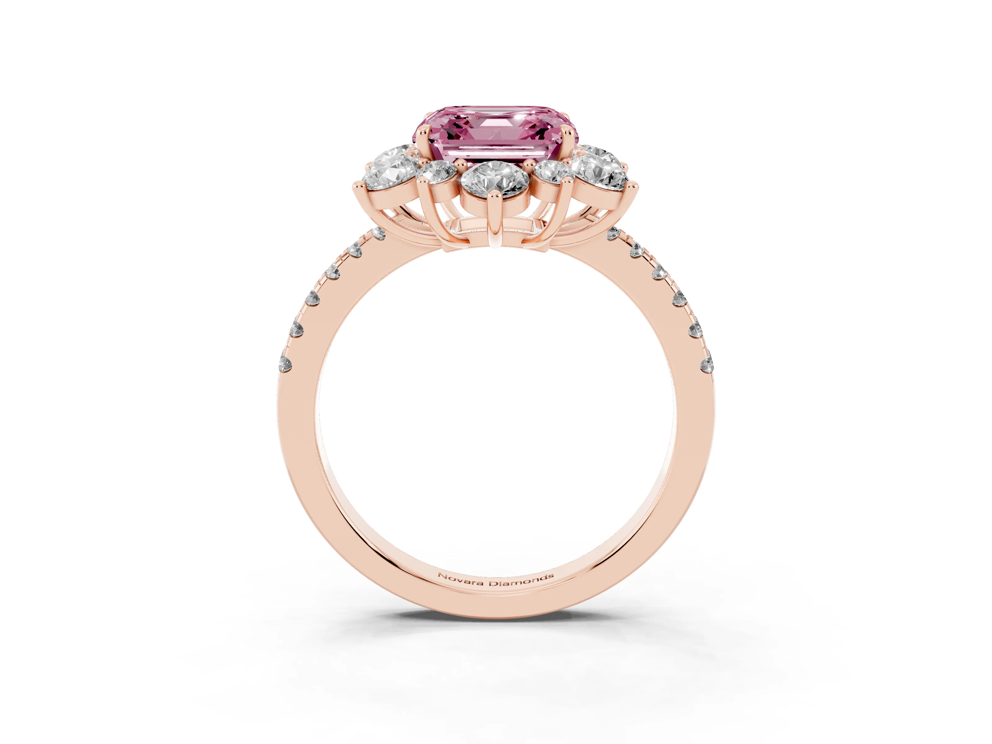 Fancy Pink Asscher Cut Diamond Floral Halo Ring Set in Rose gold with Round Pavé Band and Prong Setting