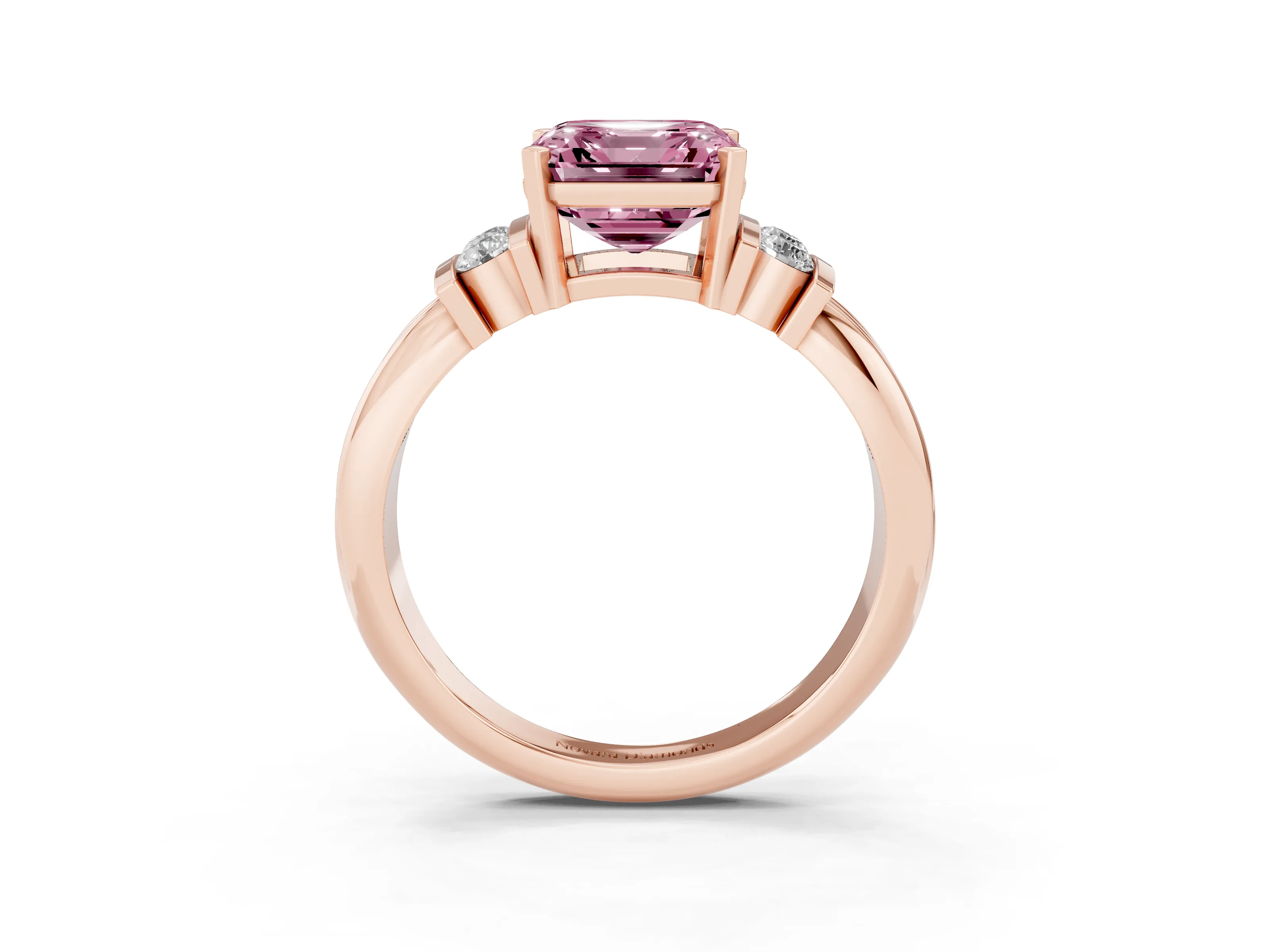 Fancy Pink Three-Stone Asscher Cut Diamond Channel Set Ring Set in Rose gold with Bar Prongs