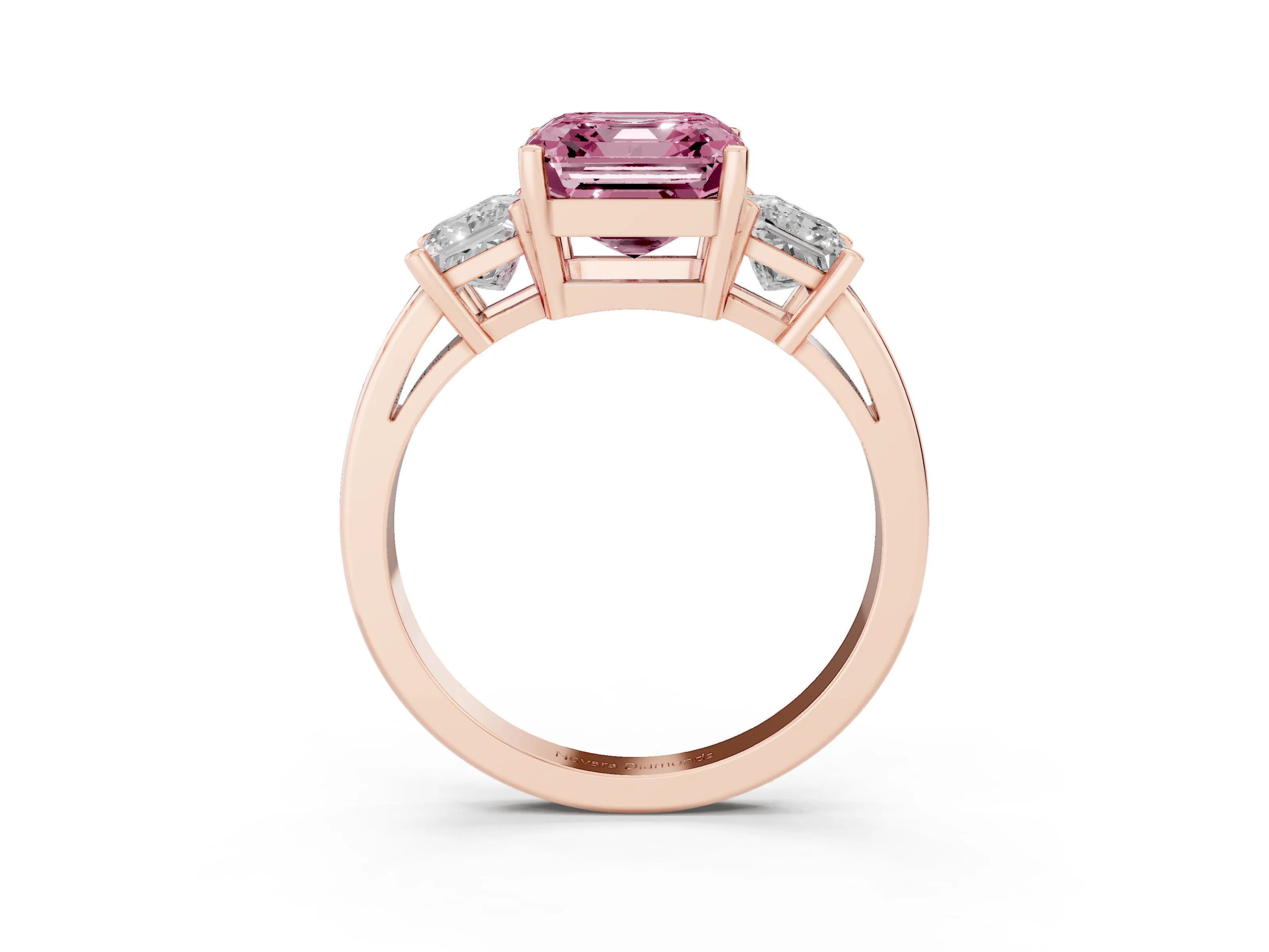 Fancy Pink Three-Stone Asscher Cut Diamond Solitaire Ring Set in Rose gold with Prong Setting