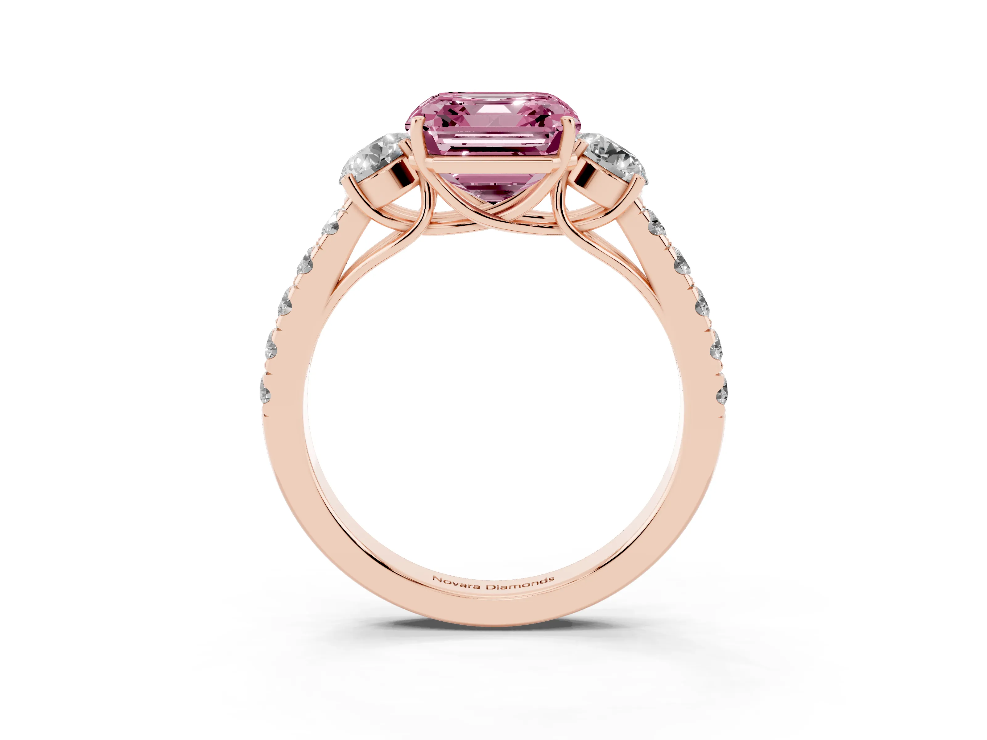 Fancy Pink Asscher Cut Diamond Three-Stone Ring Set in Rose gold with Round Side Stones and Delicate Pavé Band