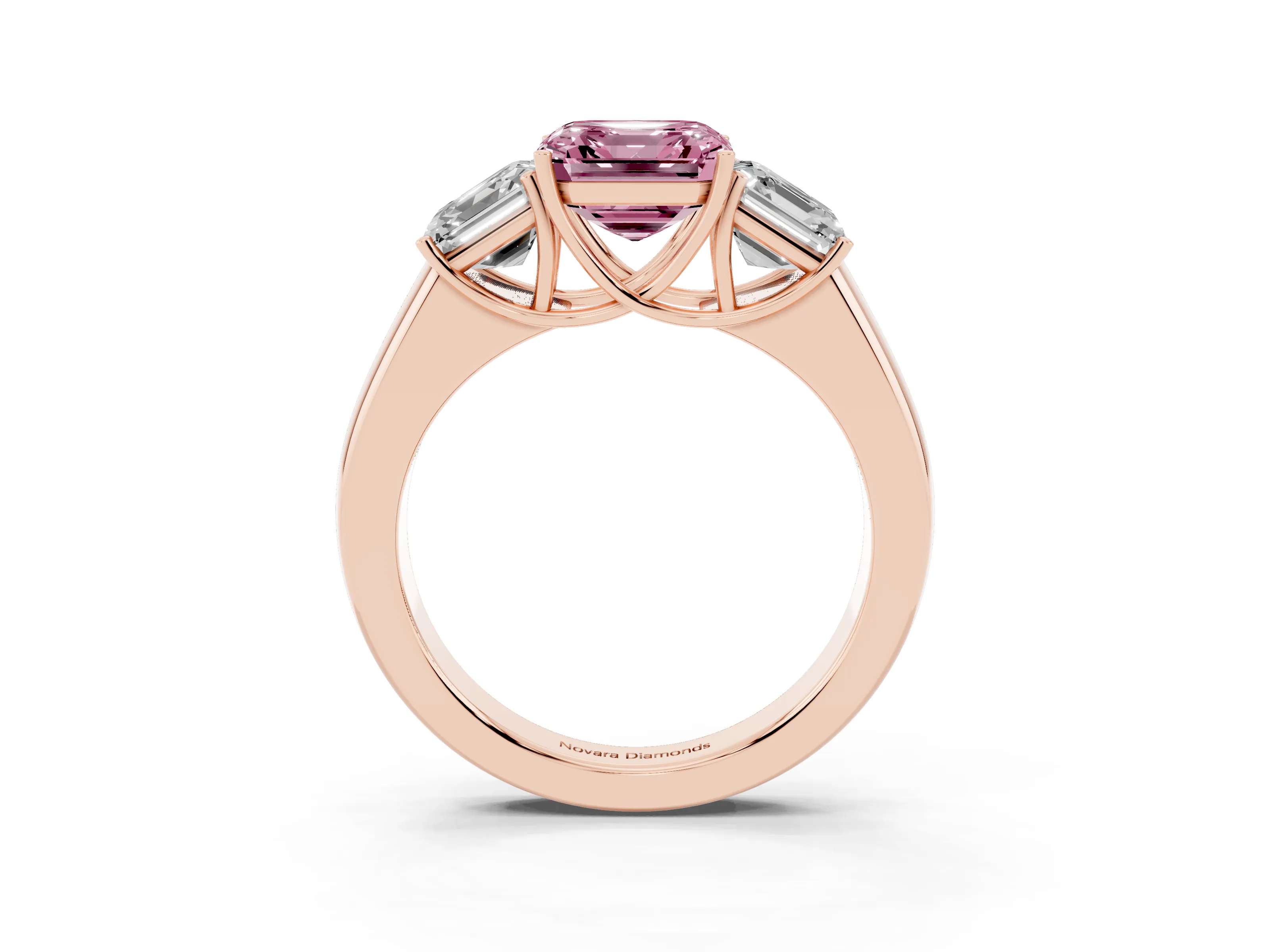 Fancy Pink Three-Stone Asscher Cut Diamond Ring Set in Rose gold with Matching Prong Settings and Plain Band