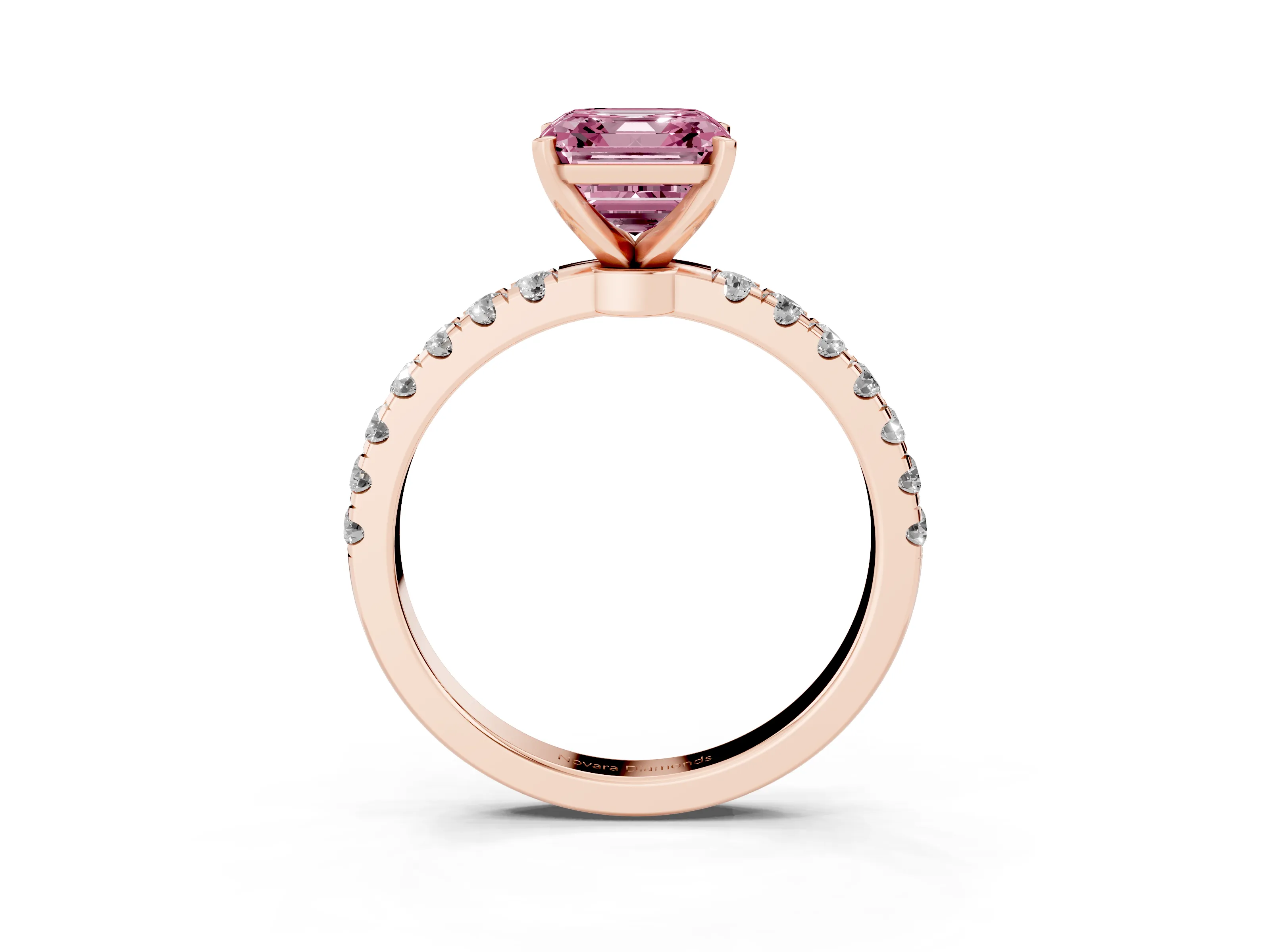 Fancy Pink Asscher Cut Diamond Solitaire Ring Set in Rose gold with Pavé Accents and Prong Setting