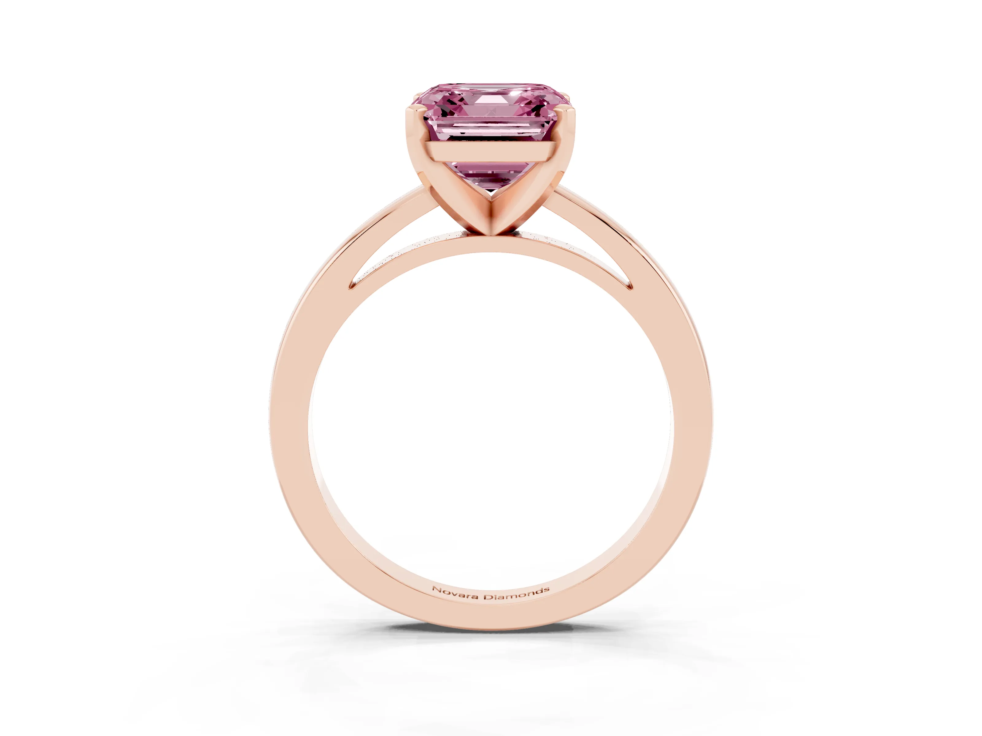 Fancy Pink Asscher Cut Diamond Solitaire Engagement Ring Set in Rose gold with Prong Setting on a Classic Band