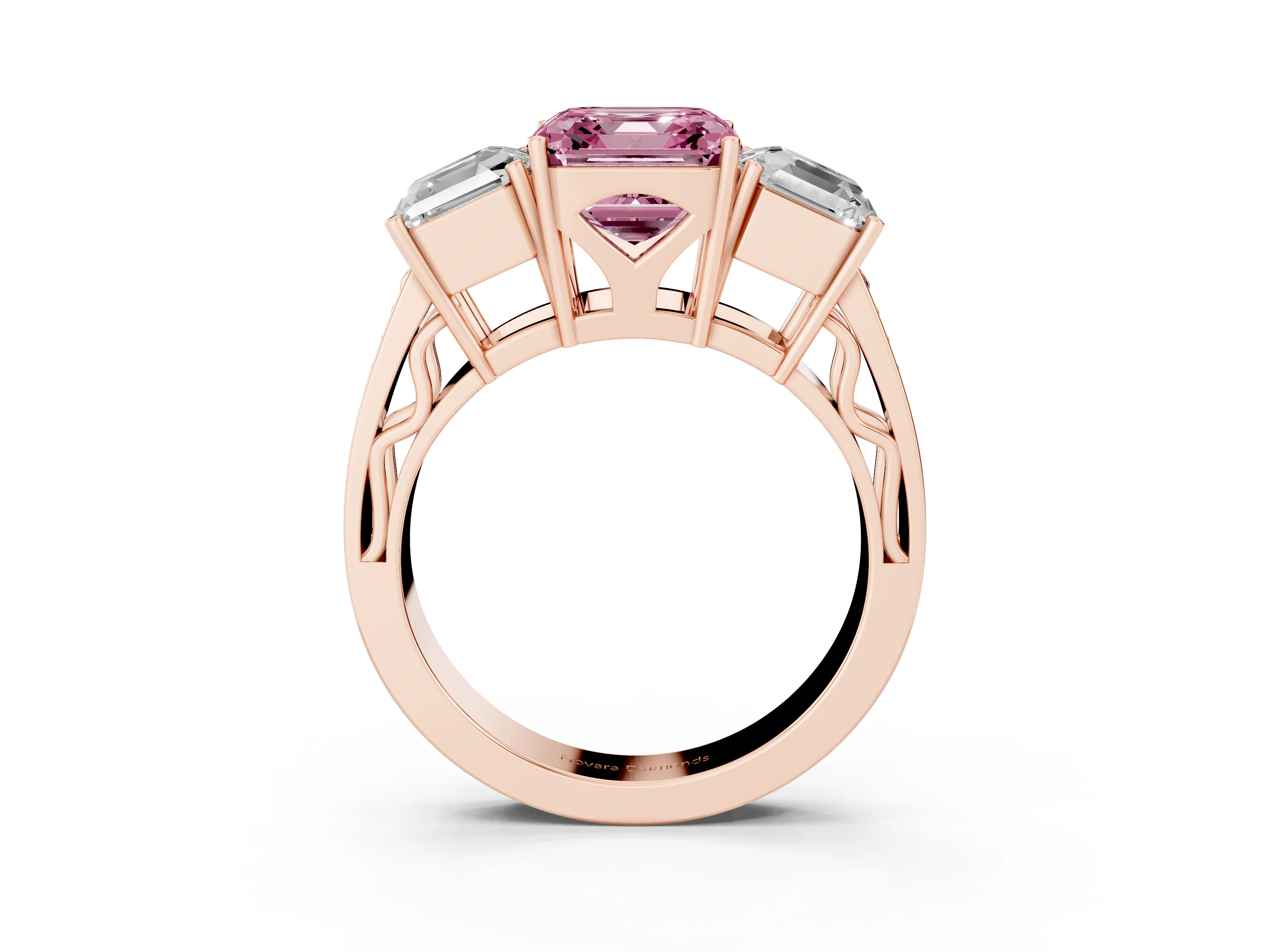 Fancy Pink Asscher Cut Diamond Three-Stone Ring Set in Rose gold with Textured Band