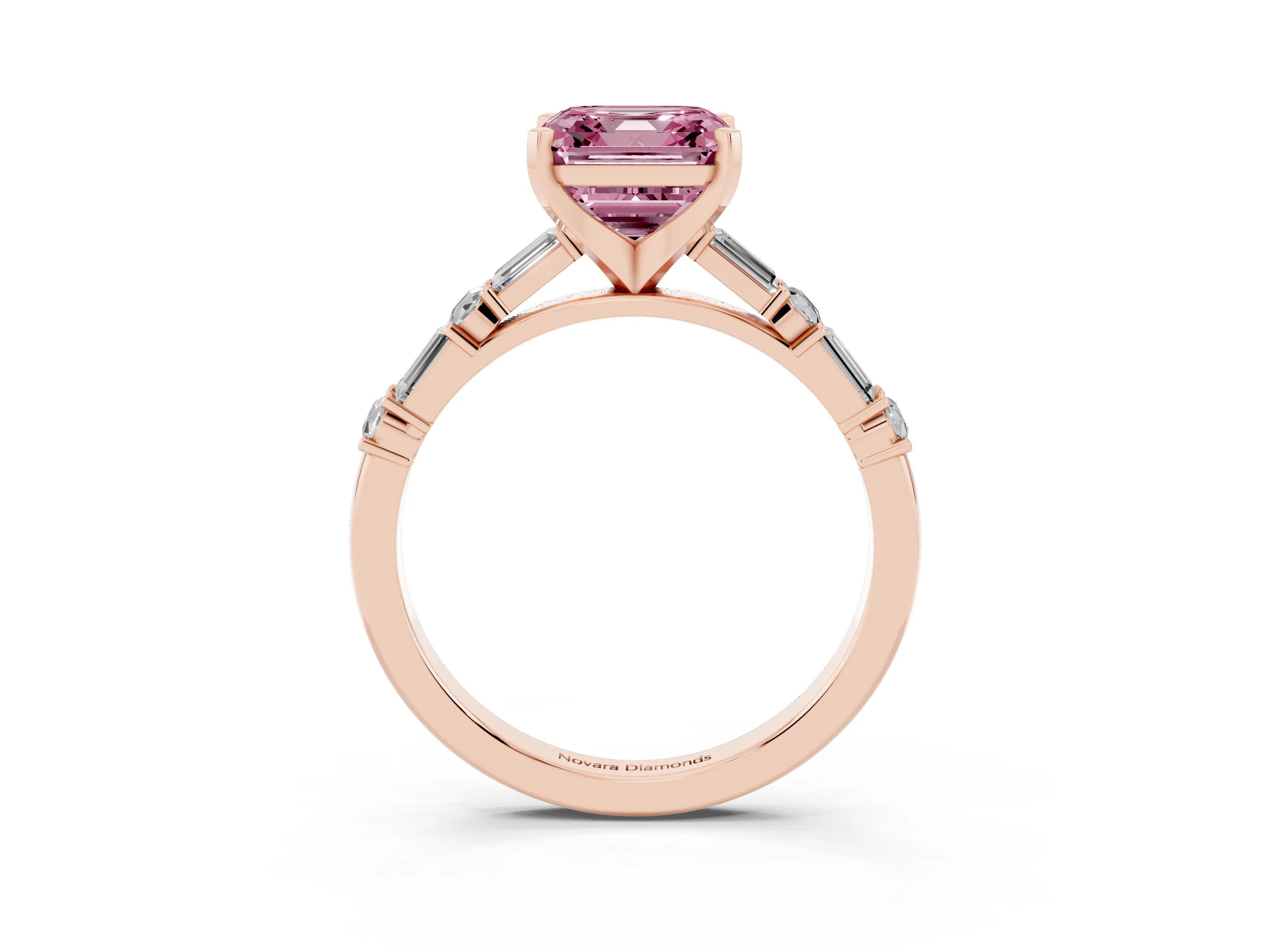 Fancy Pink Asscher Cut Diamond Solitaire Set in Rose gold with Side Baguettes and Channel Set Band