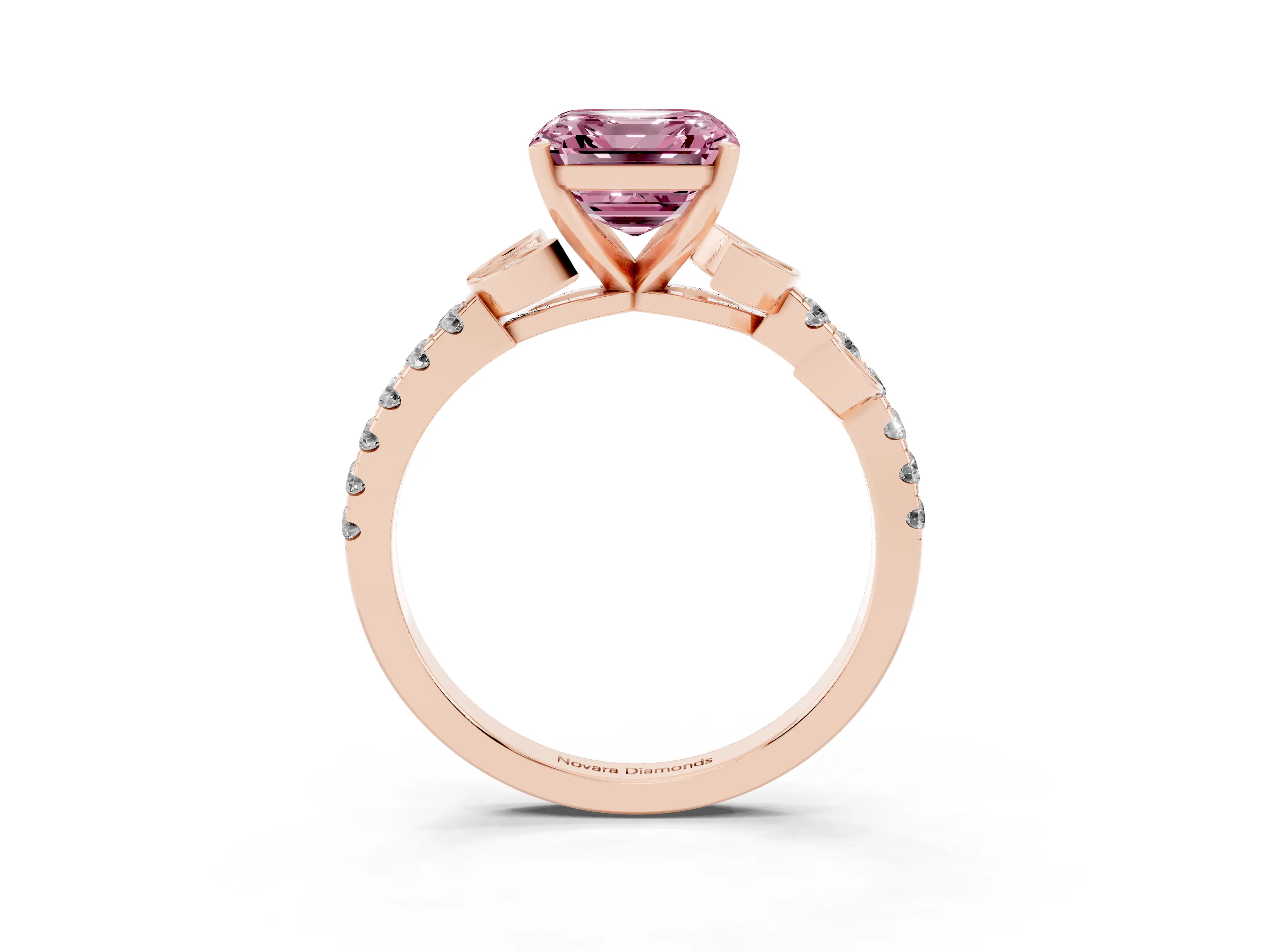 Fancy Pink Asscher Cut Diamond Solitaire Leaf-Inspired Ring Set in Rose gold with Pavé Band and Prong Setting