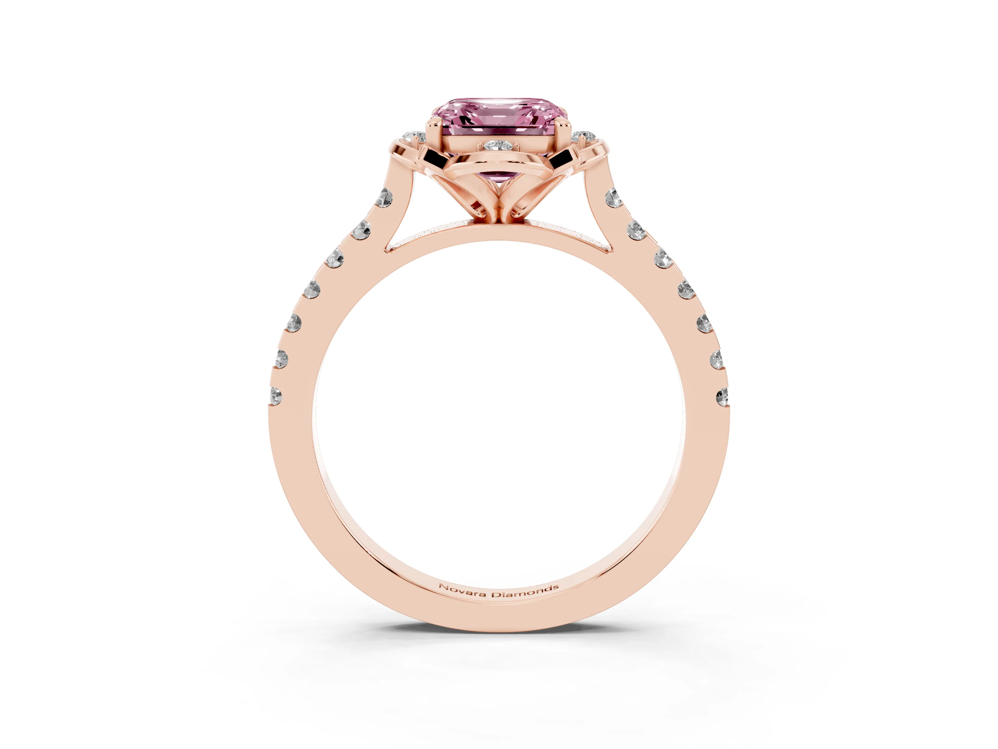 Fancy Pink Asscher Cut Diamond Solitaire Ring Set in Rose gold with Pavé Band and Floral Prong Setting