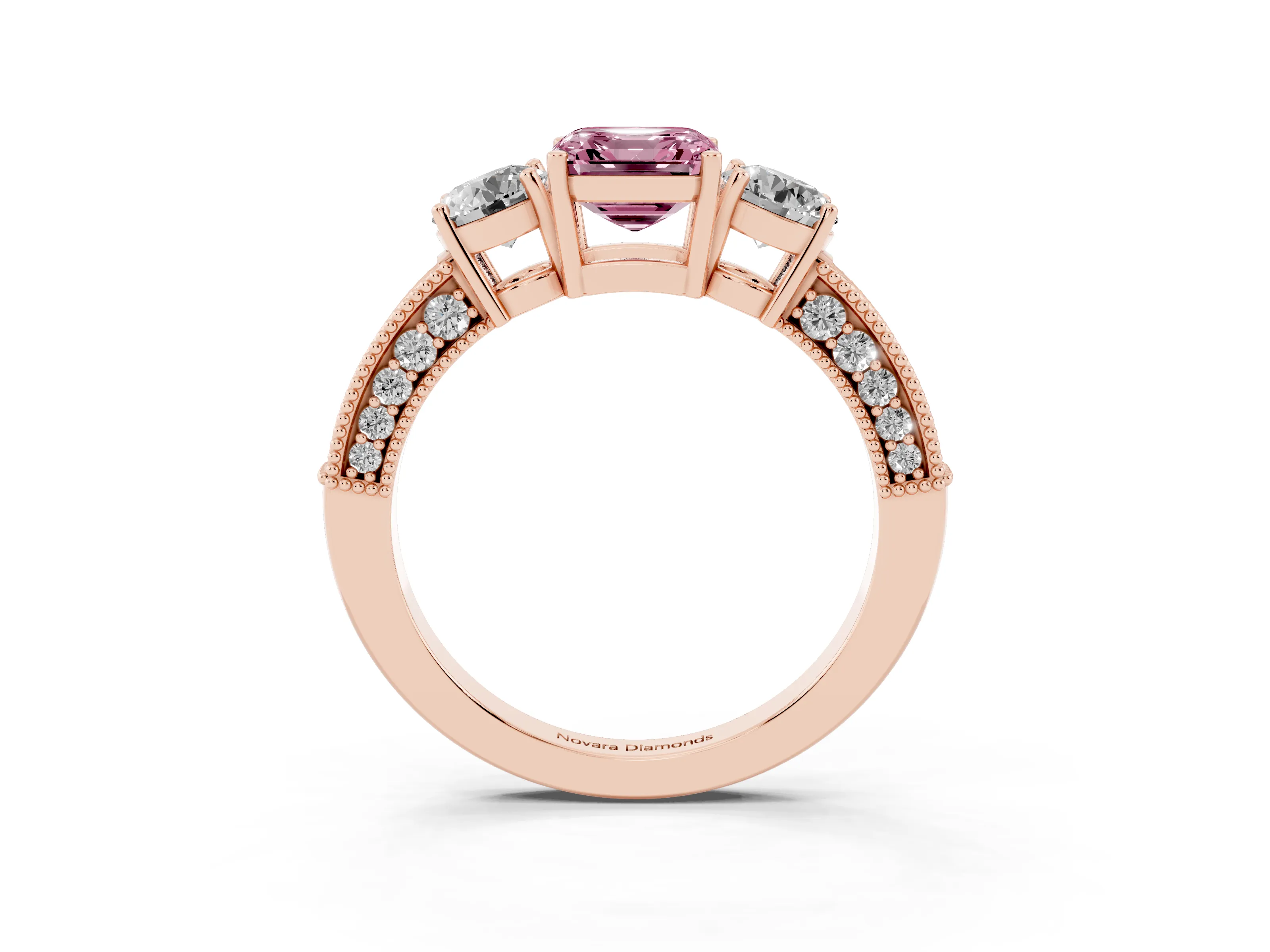 Fancy Pink Asscher Cut Diamond Three-Stone Ring Set in Rose gold with Round Side Stones and Pavé Band