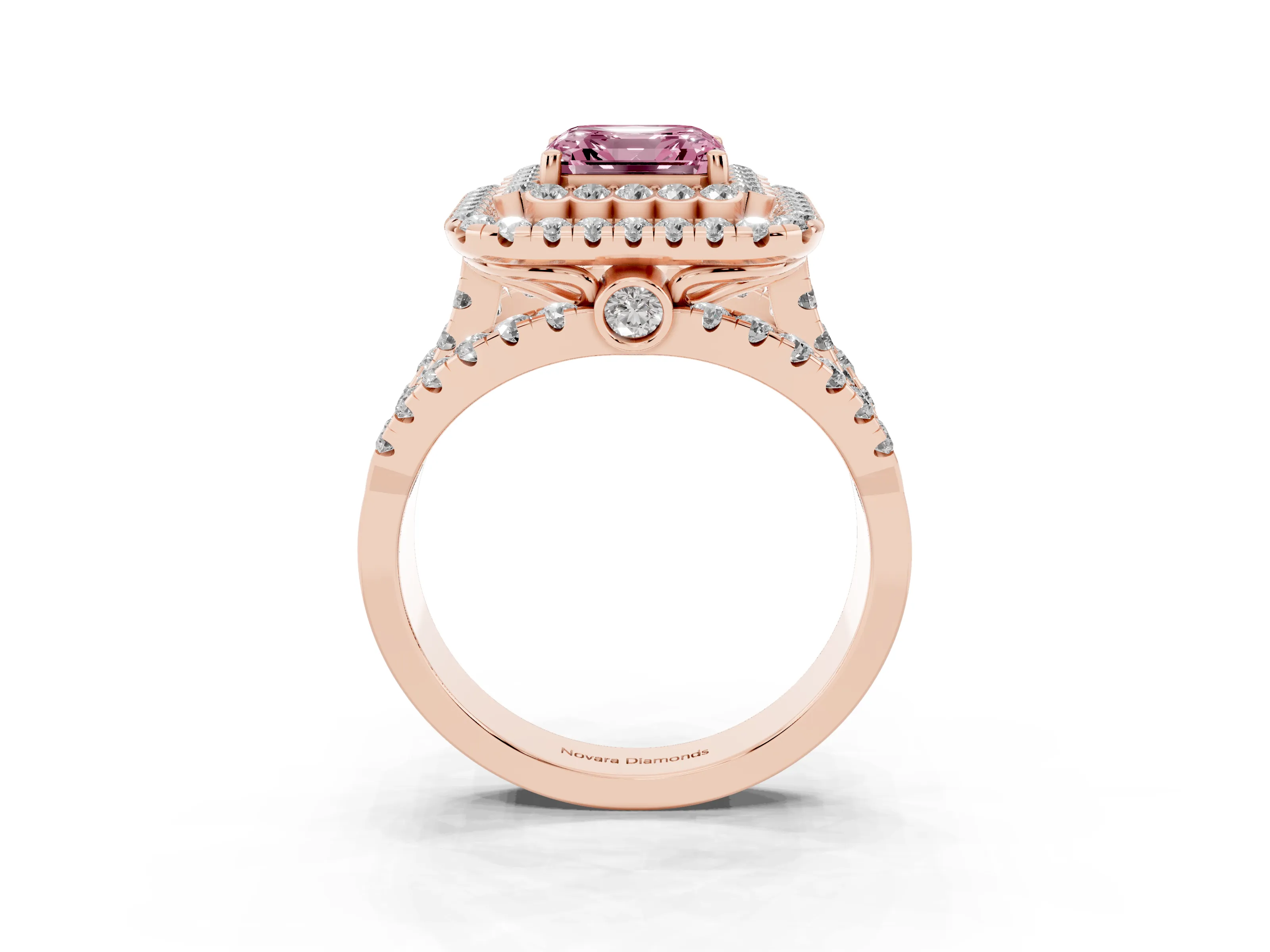Fancy Pink Asscher Cut Diamond Double Halo Ring Set in Rose gold with Round Pavé Split Shank