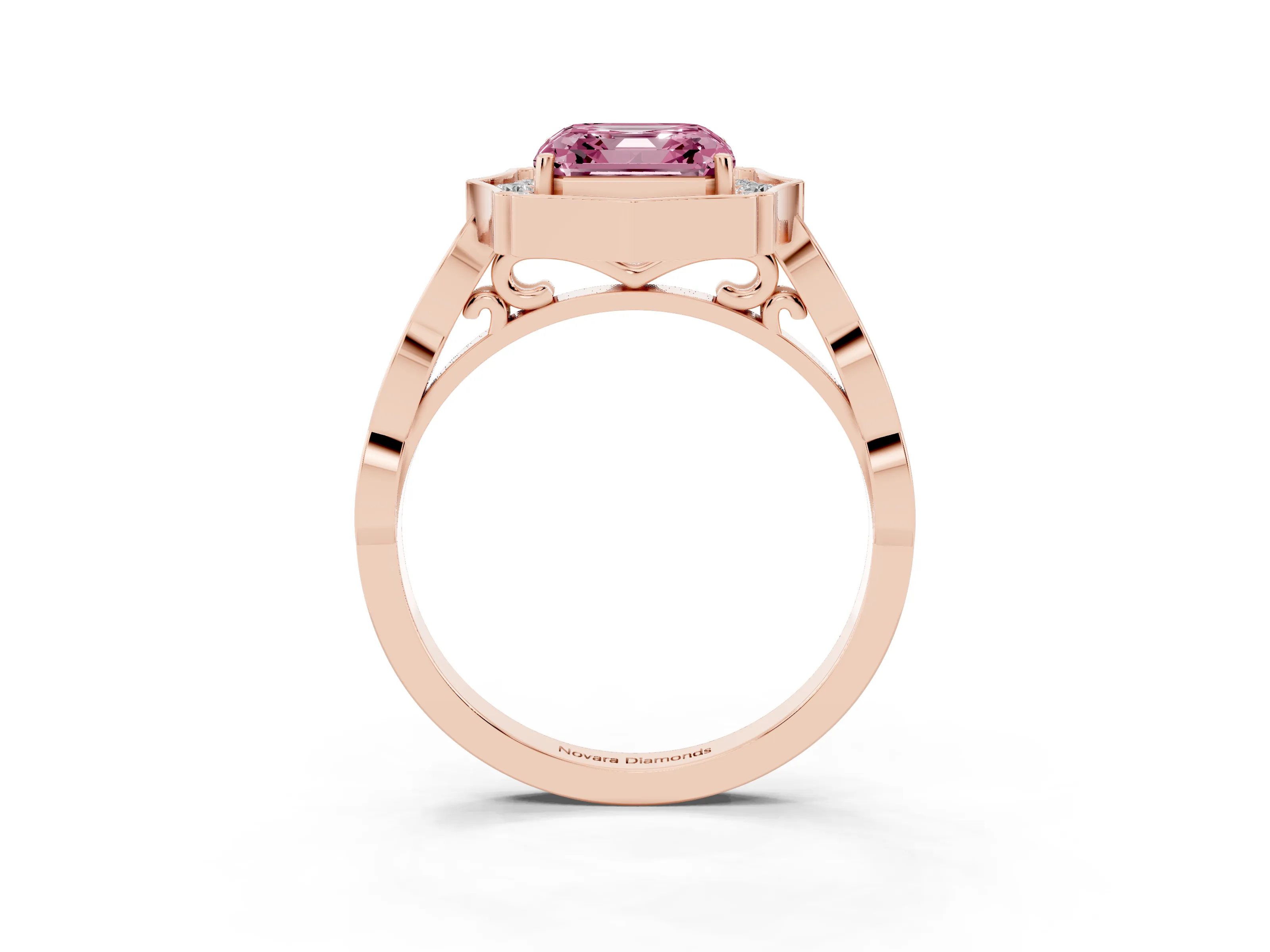 Fancy Pink Asscher Cut Diamond Halo Engagement Ring Set in Rose gold with Milgrain Band and Prong Setting
