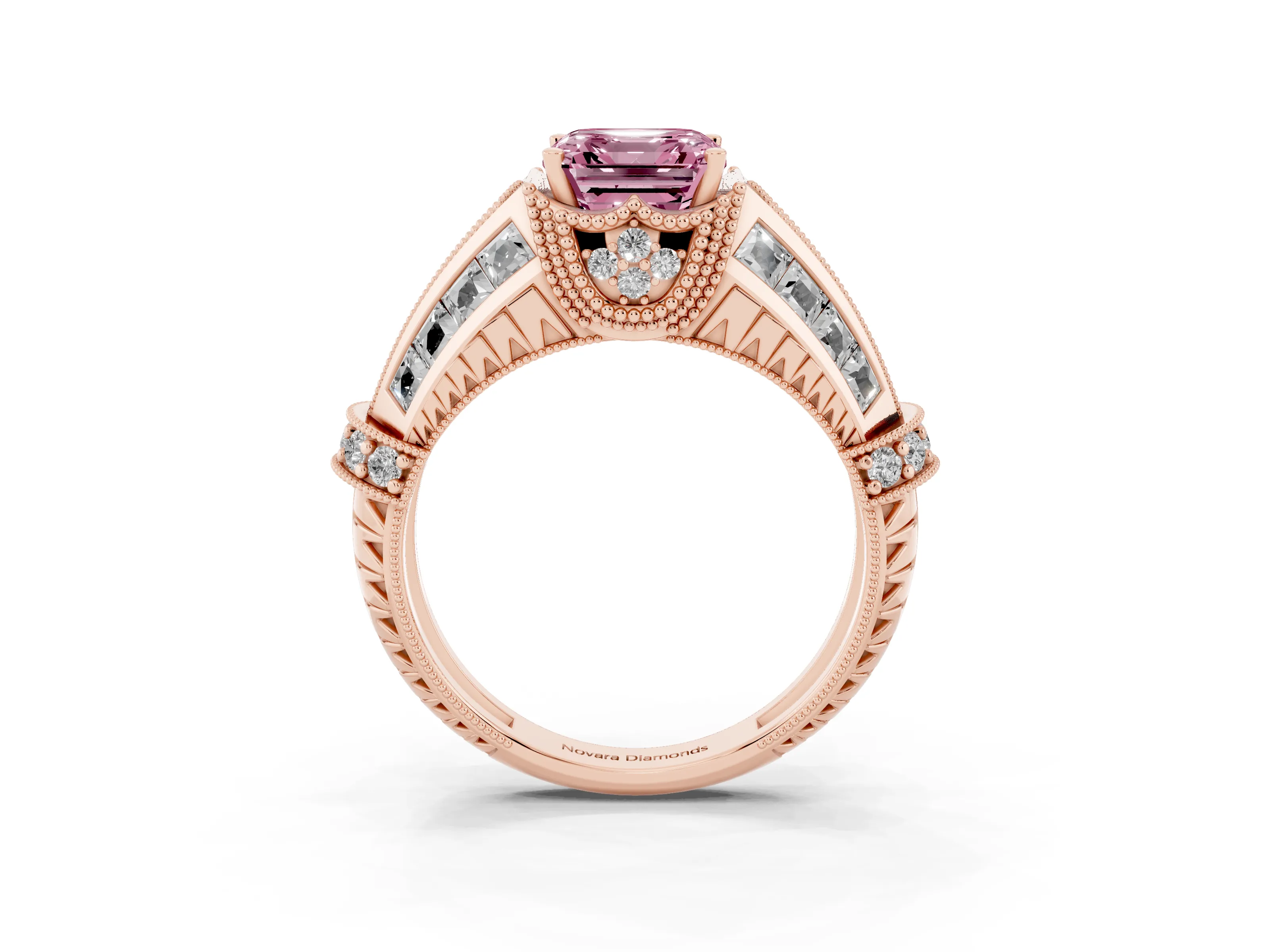 Fancy Pink Asscher Cut Diamond Vintage-Inspired Milgrain Ring Set in Rose gold with Accent Split Shank