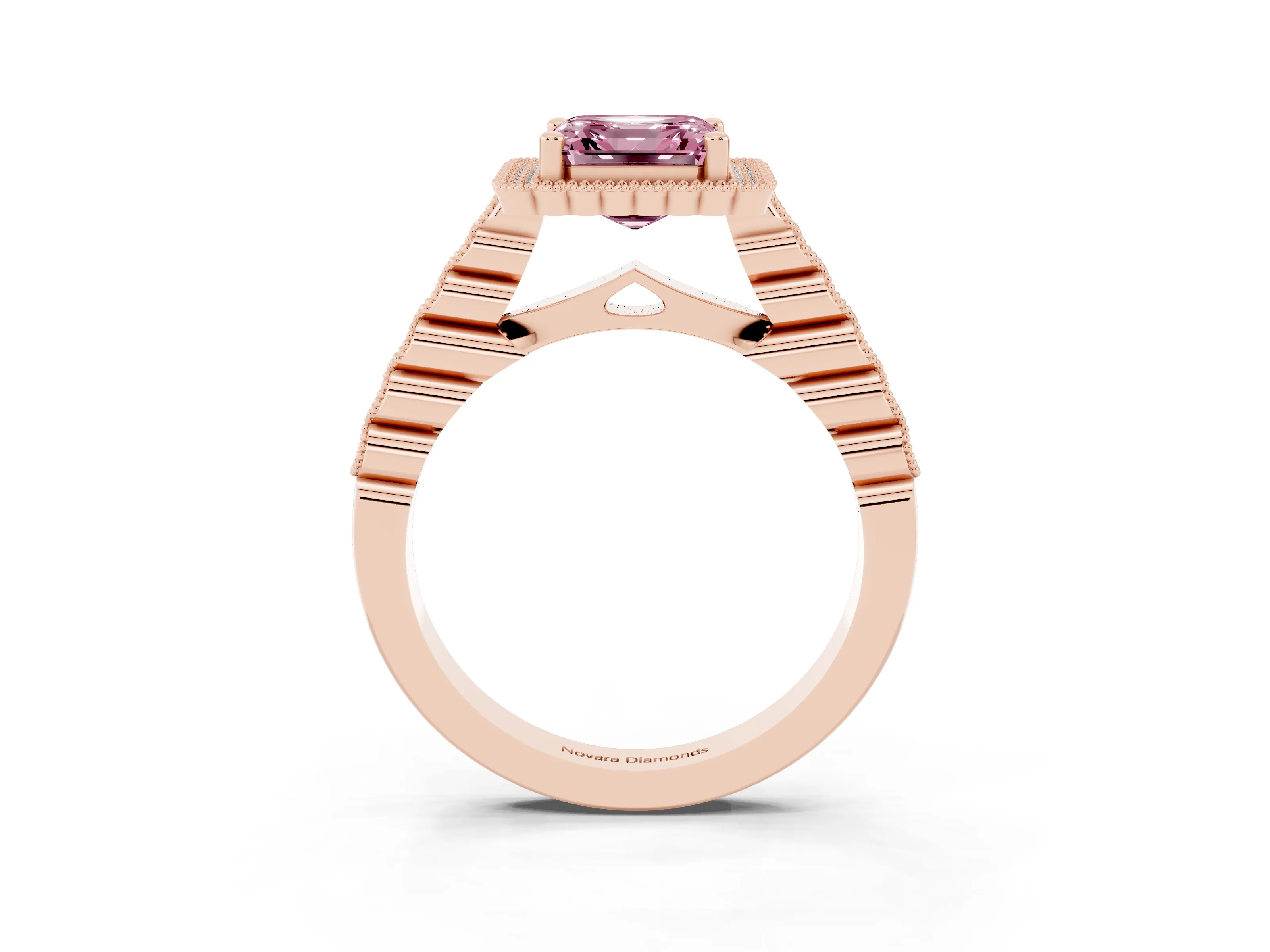 Fancy Pink Asscher Cut Diamond Halo Ring Set in Rose gold with Pavé Milgrain Band
