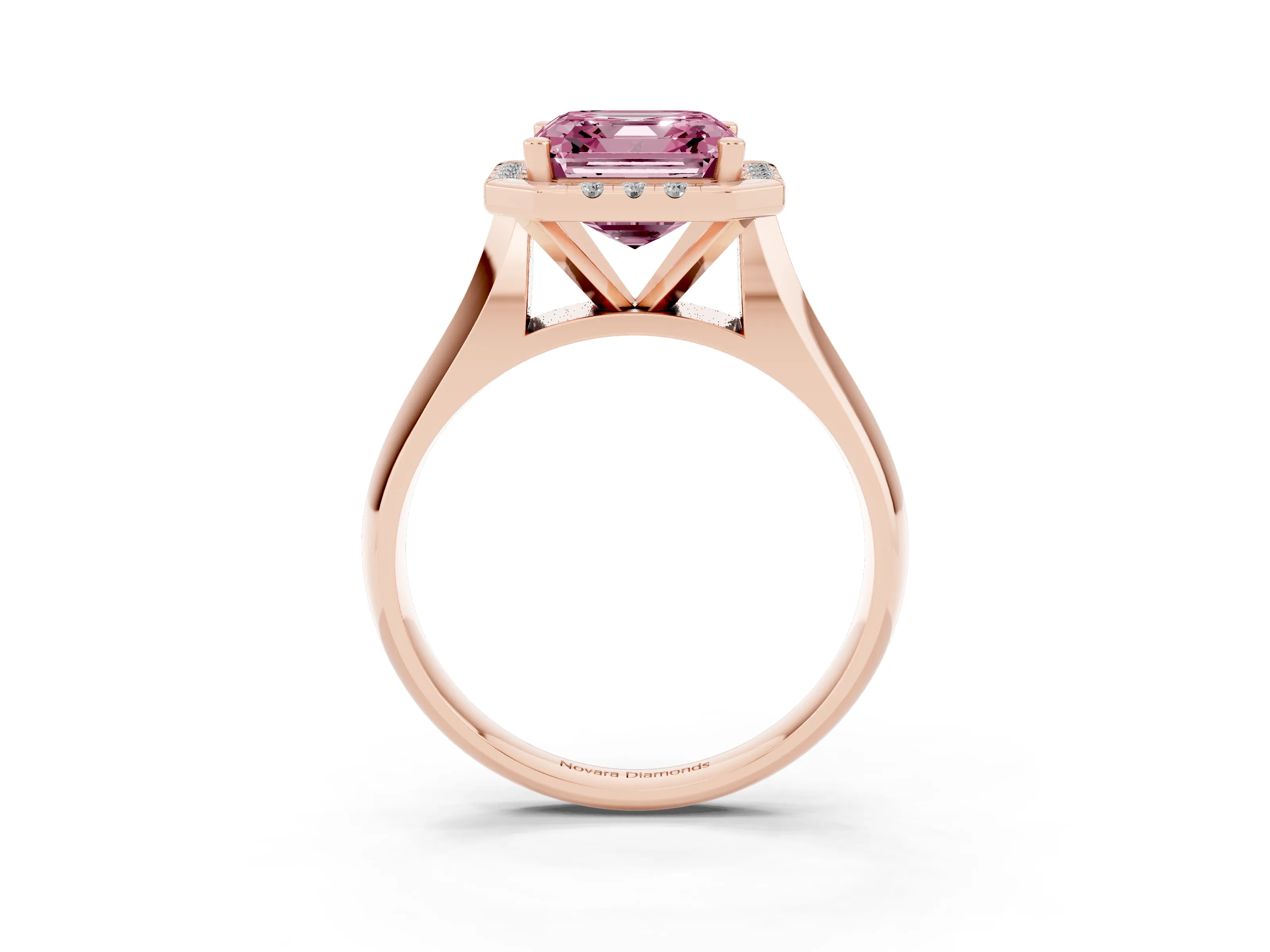 Fancy Pink Asscher Cut Diamond Halo Solitaire Engagement Ring Set in Rose gold with Square Band and Prong Setting