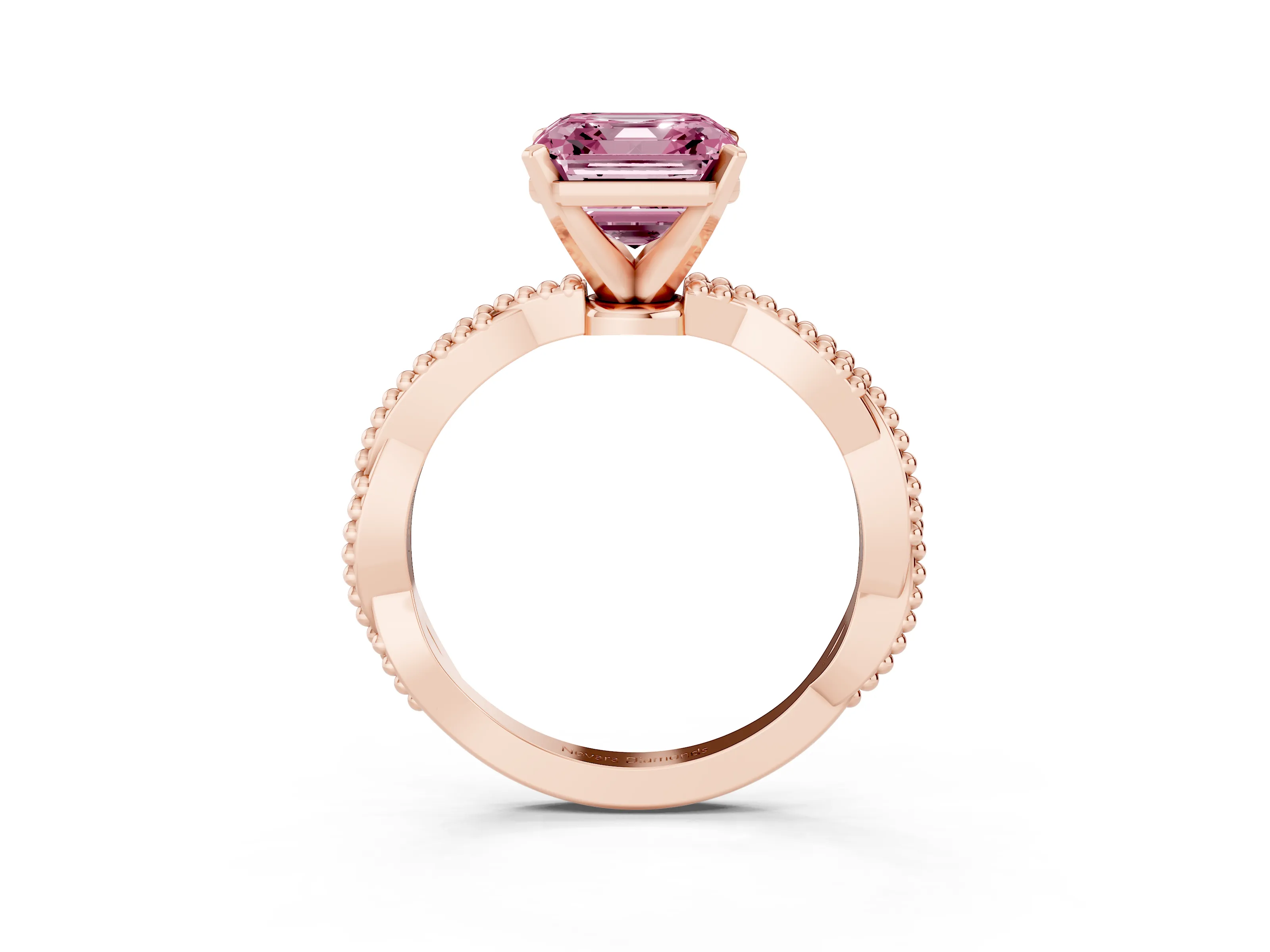 Fancy Pink Asscher Cut Diamond Solitaire Ring Set in Rose gold with Twisted Band and Bead Prong Setting