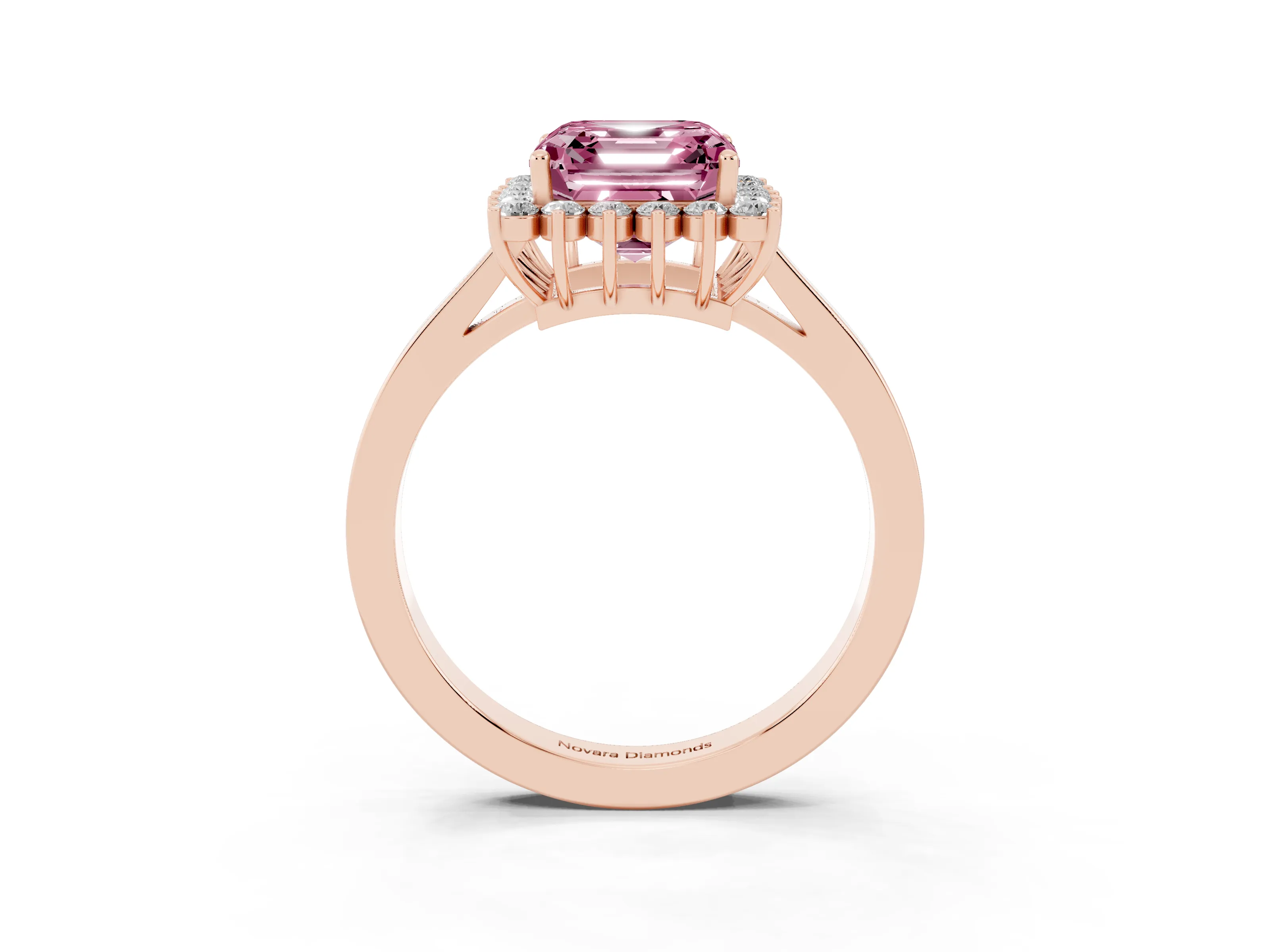 Fancy Pink Asscher Cut Diamond Halo Ring Set in Rose gold with Round Halo and Smooth Solitaire Band
