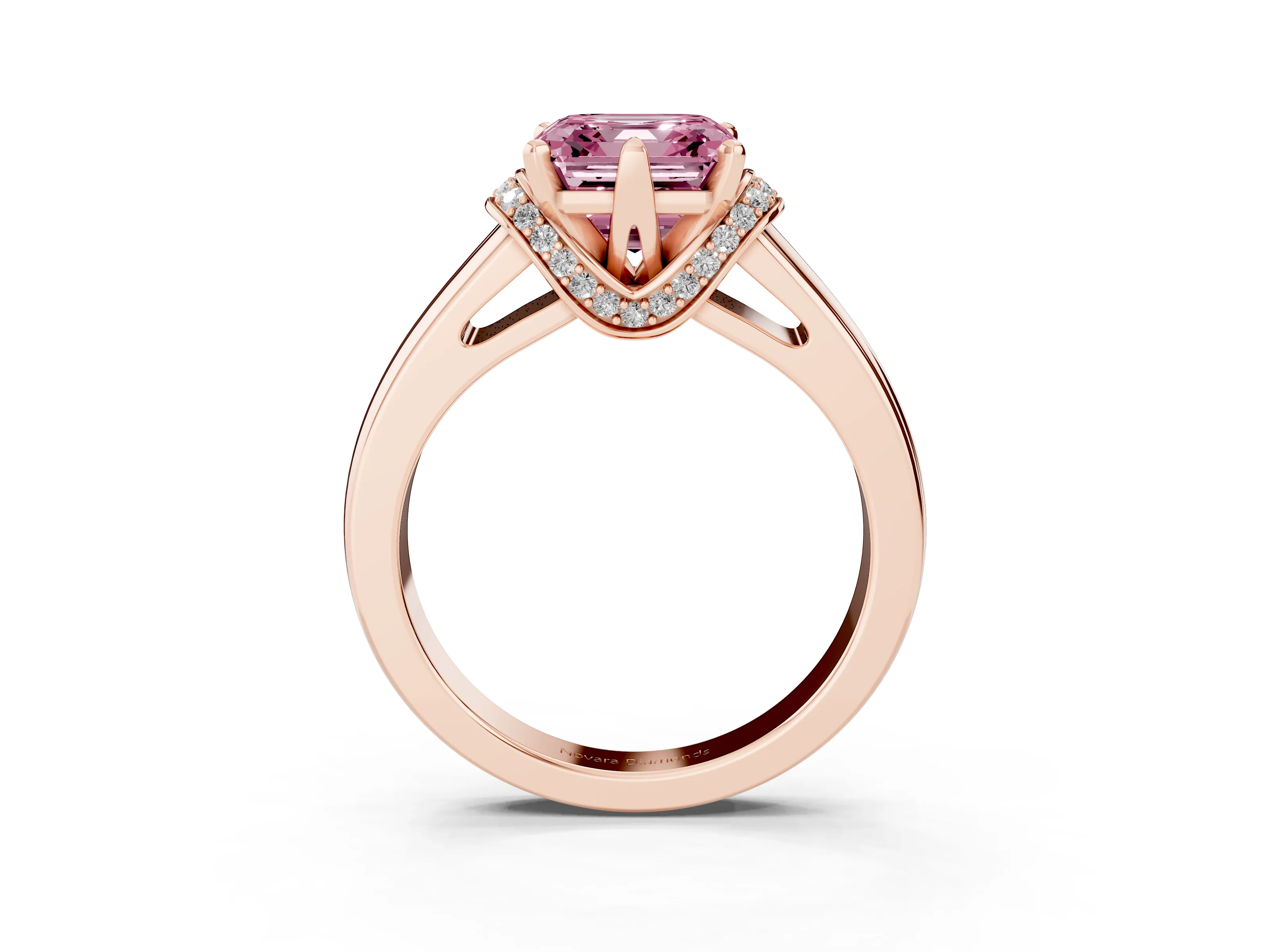 Fancy Pink Asscher Cut Diamond Pavé Band Solitaire Ring Set in Rose gold with Prong Setting