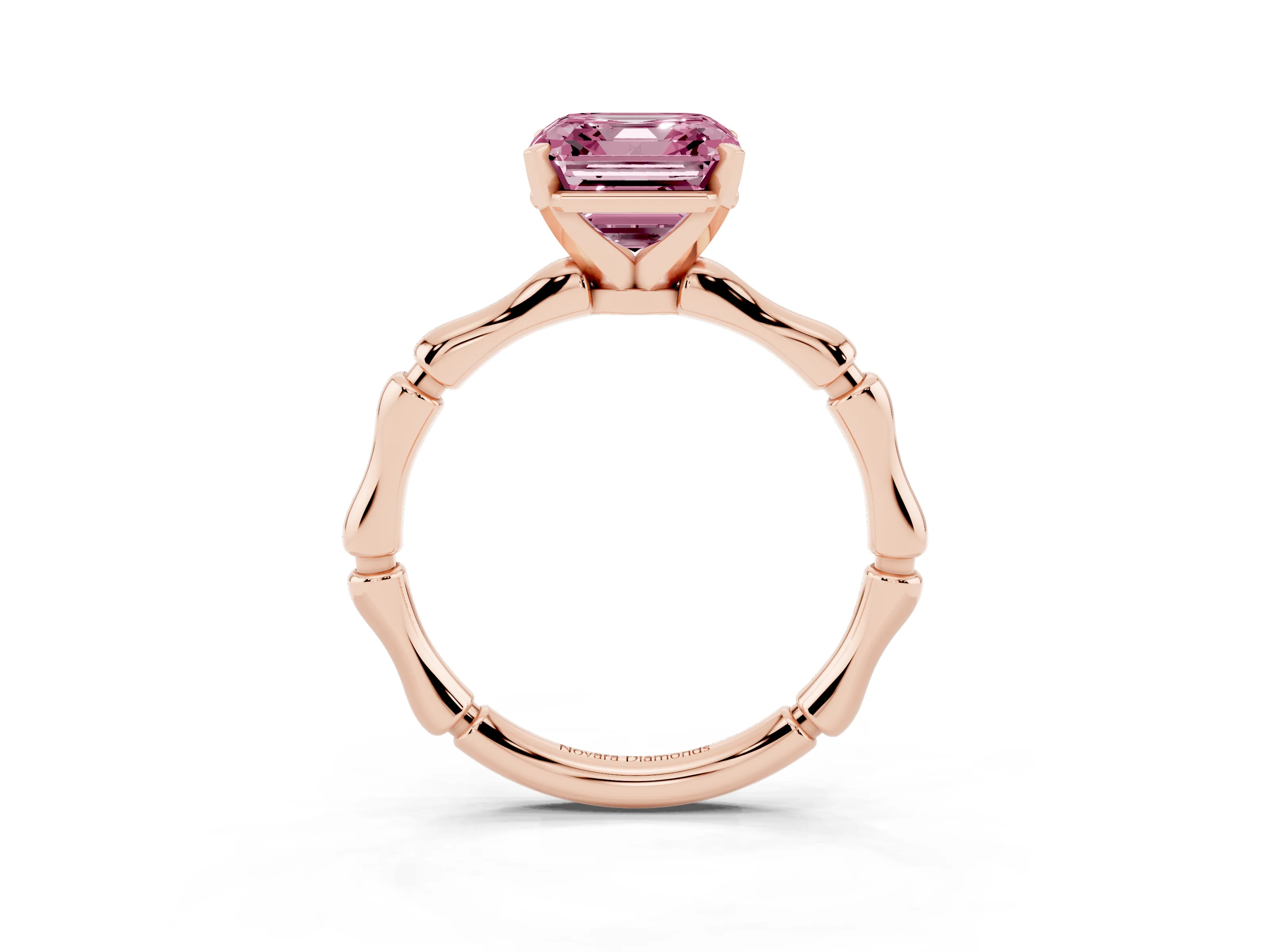 Fancy Pink Asscher Cut Diamond Solitaire Ring Set in Rose gold with Bamboo Band and Prong Setting