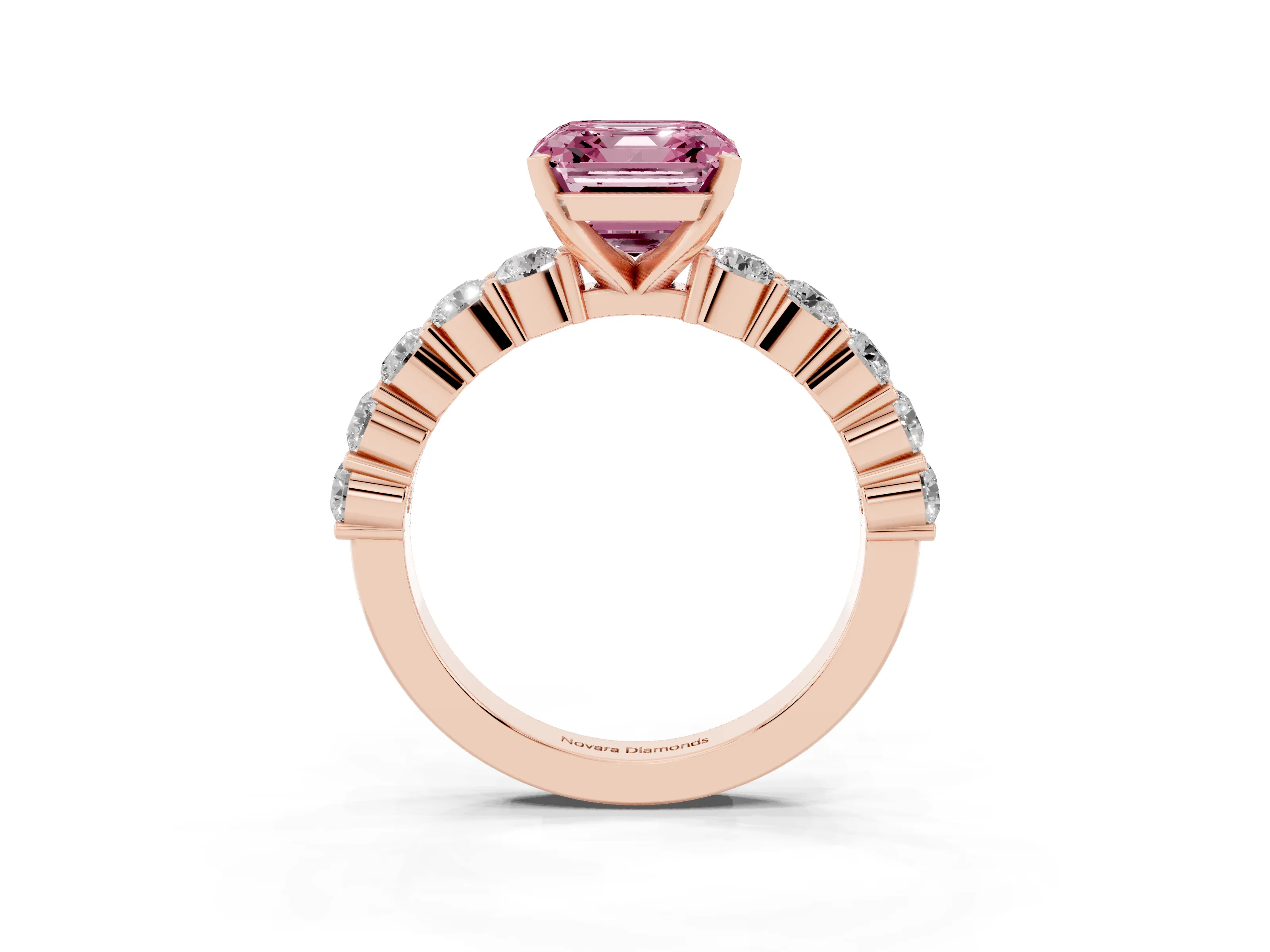 Fancy Pink Asscher Cut Diamond Solitaire Ring Set in Rose gold with Shared Prong Round Side Stones
