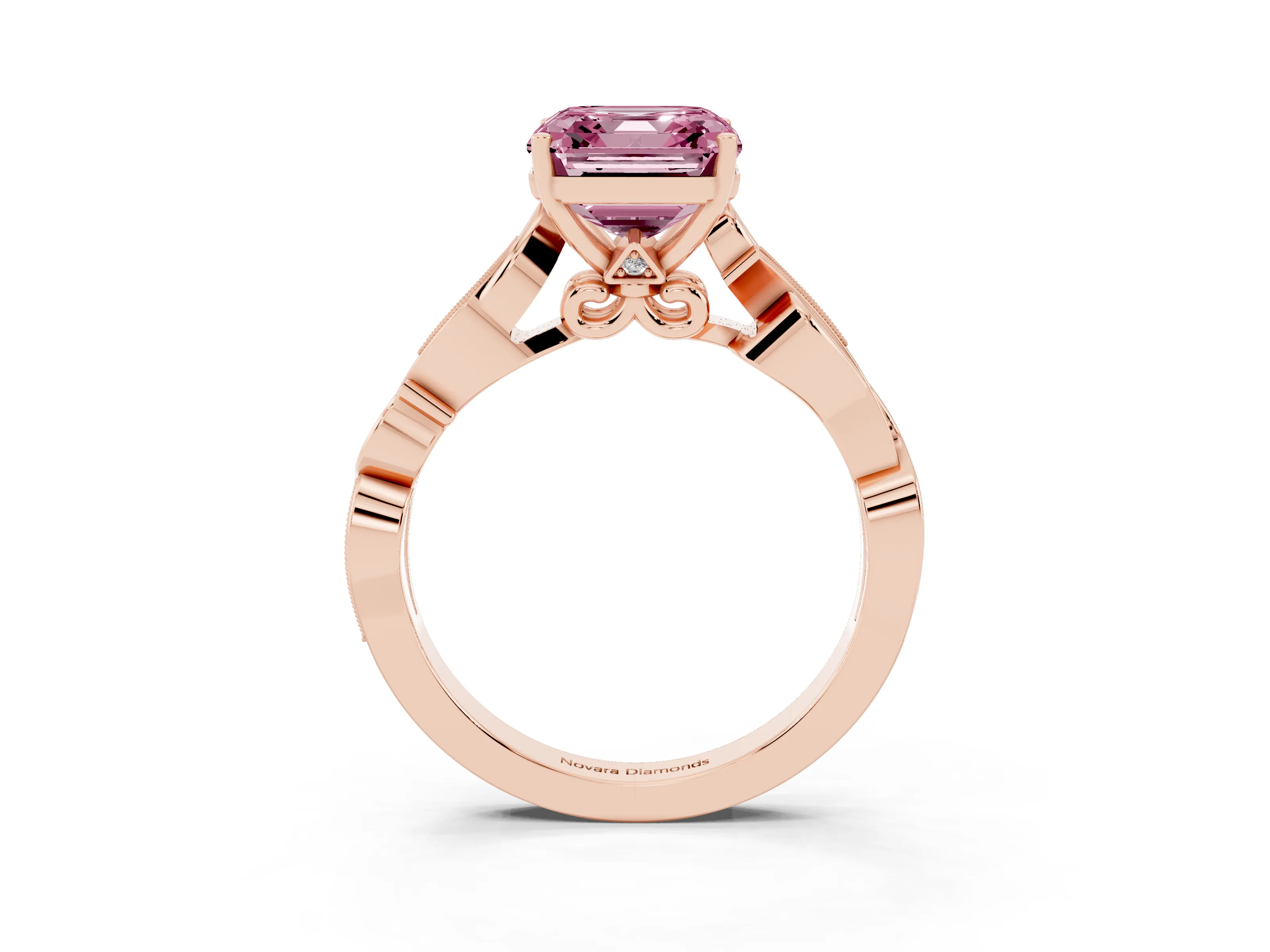 Fancy Pink Asscher Cut Diamond Vine Band Solitaire Ring Set in Rose gold with Milgrain Prong Setting