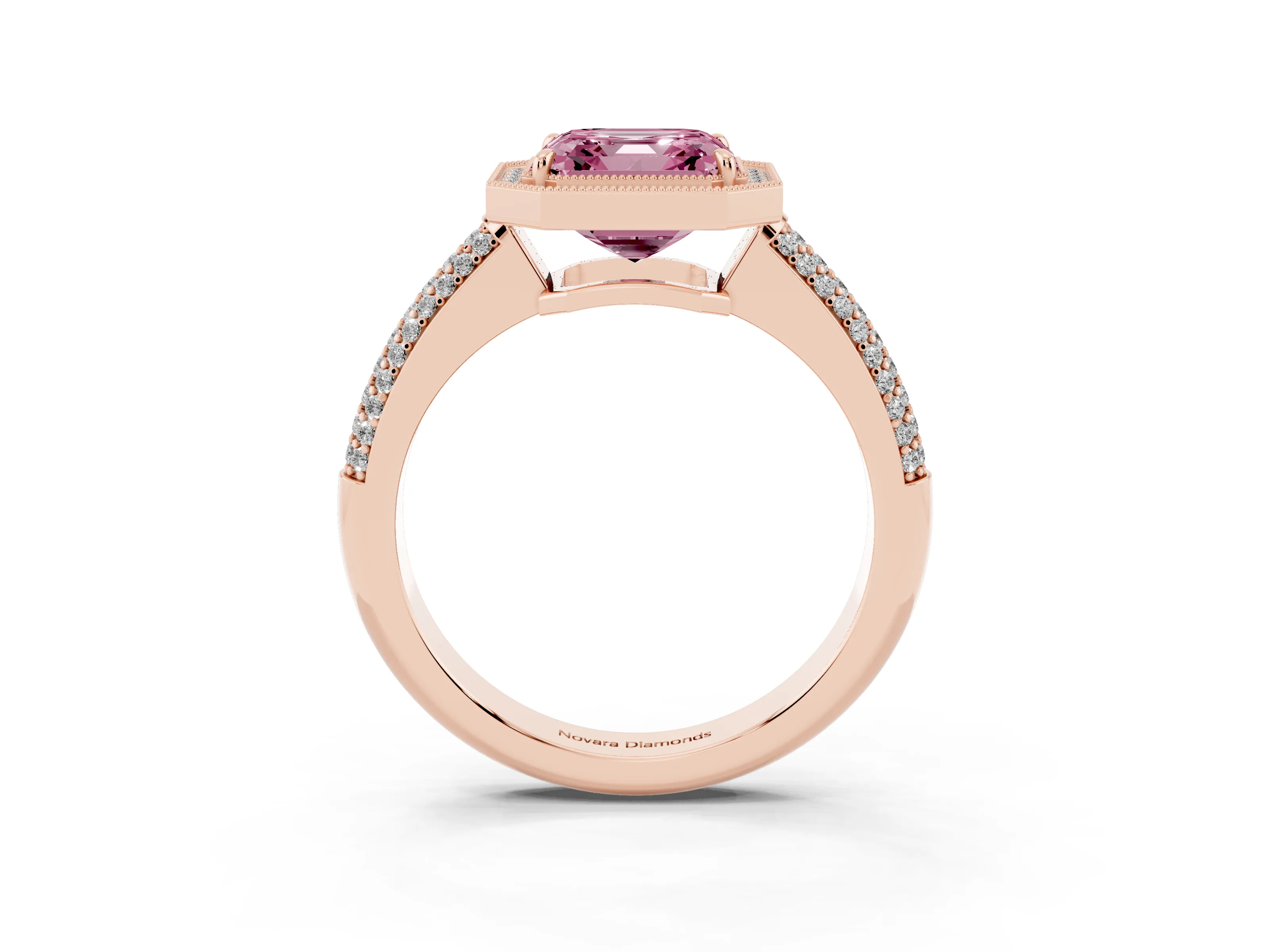 Fancy Pink Asscher Cut Diamond Halo Pavé Band Set in Rose gold with Prong Setting