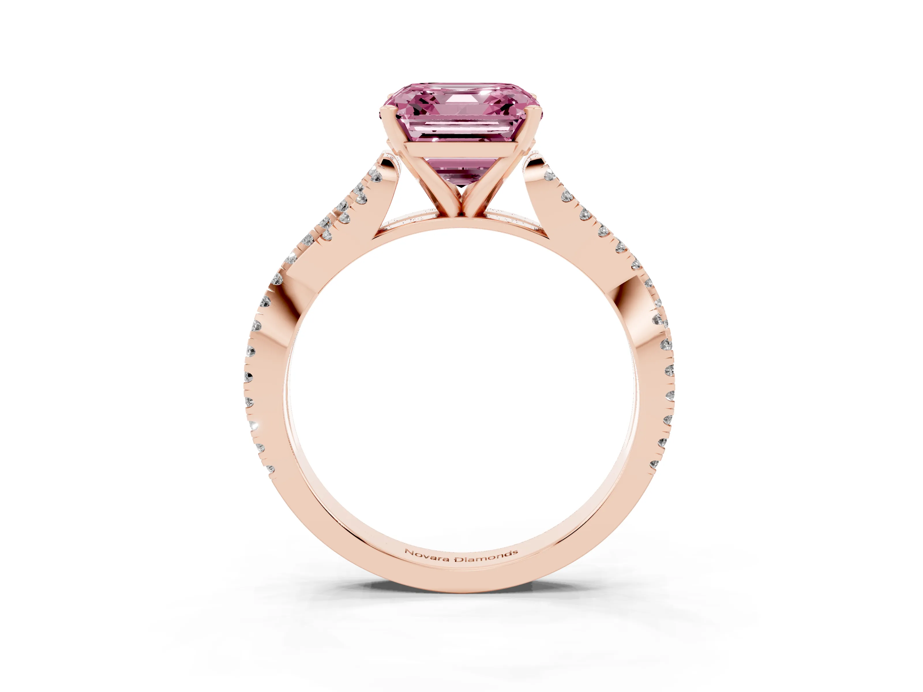 Fancy Pink Asscher Cut Diamond Solitaire Engagement Ring Set in Rose gold with Twisted Pavé Band and Prong Setting