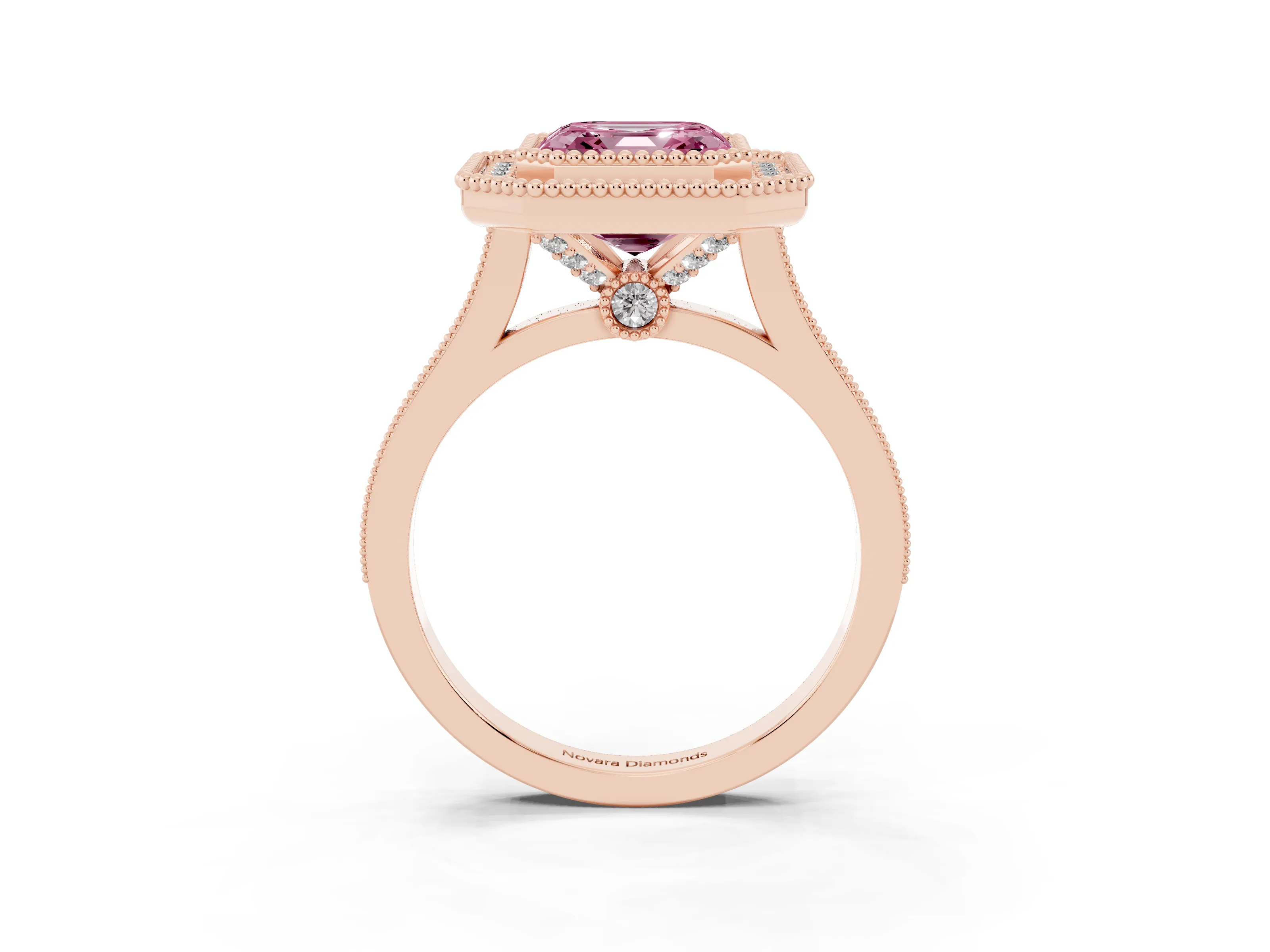Fancy Pink Asscher Cut Diamond Halo Ring Set in Rose gold with Milgrain Frame and Pavé Band